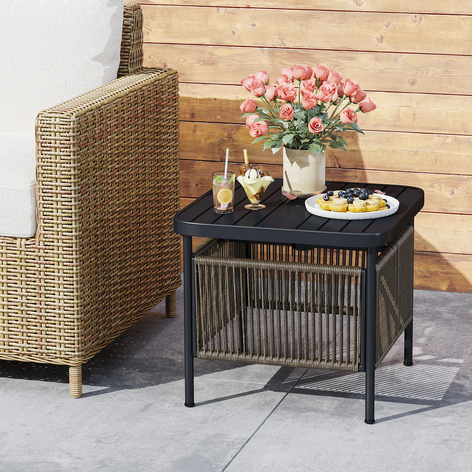 SUGIFT Outdoor Side Table Metal with Umbrella Hole and Lower Storage Shelf for Patio