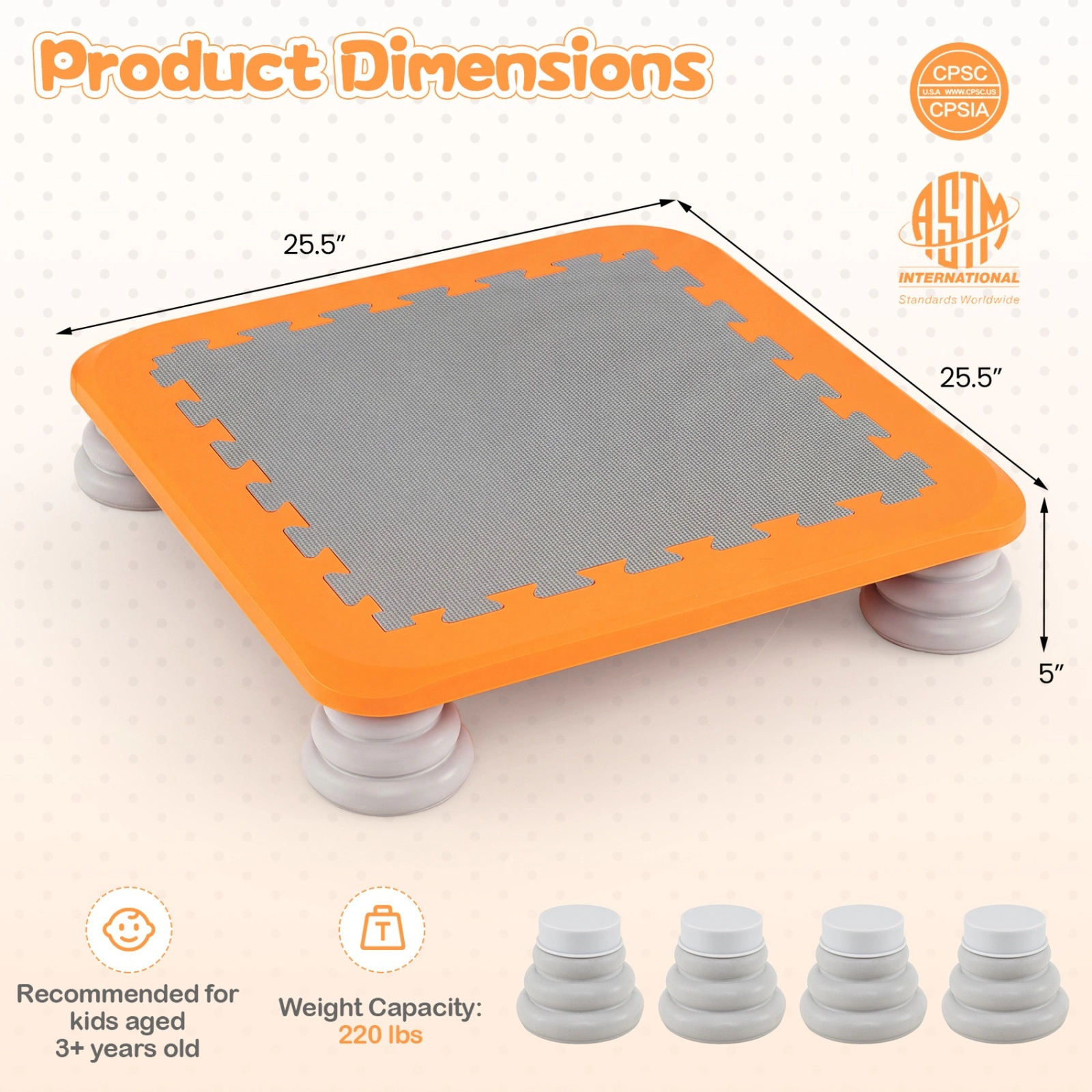 25.5-in Kids Mini Trampoline 4 Removable Non-Slip Foot Pads 5-in Low Profile Honeycomb Base EVA Surface Orange