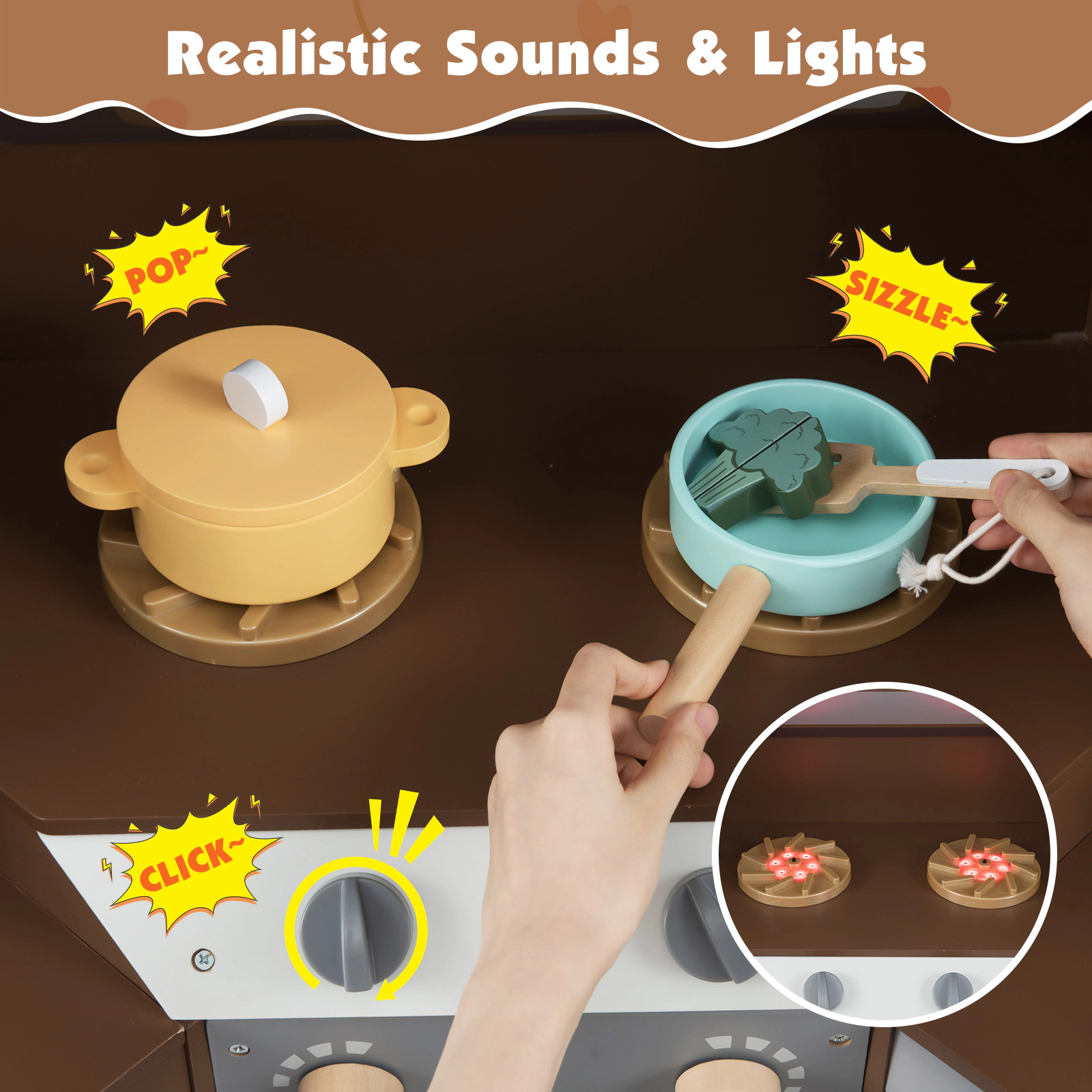 SUGIFT Corner Kitchen Toys with Lights and Sounds with Pull-Out Trash Can and Stoves Ages 3+ Off White/Coffee/Pink