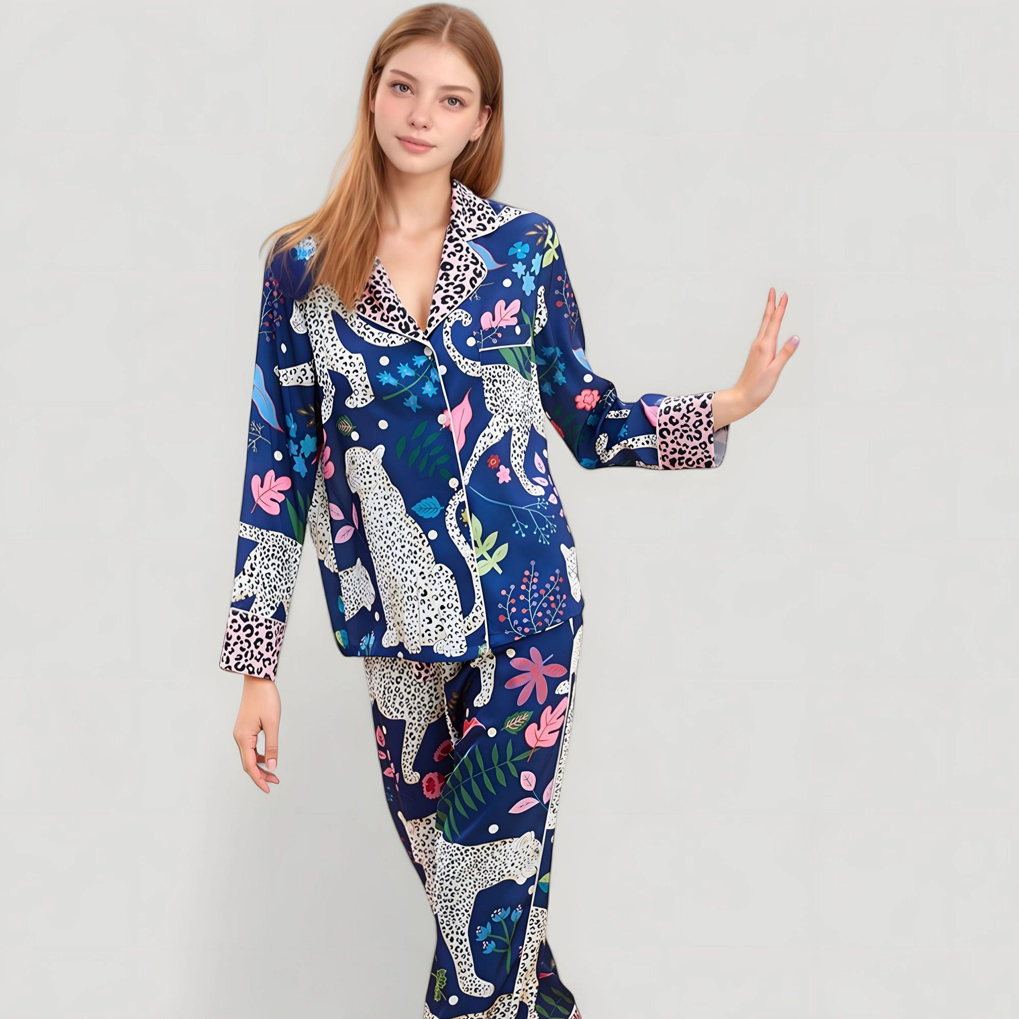 Anna-Kaci Women's Satin Leopard and Botanical Print Pajama Set with Button Up Long Sleeve Shirt Relaxed Fit Pants
