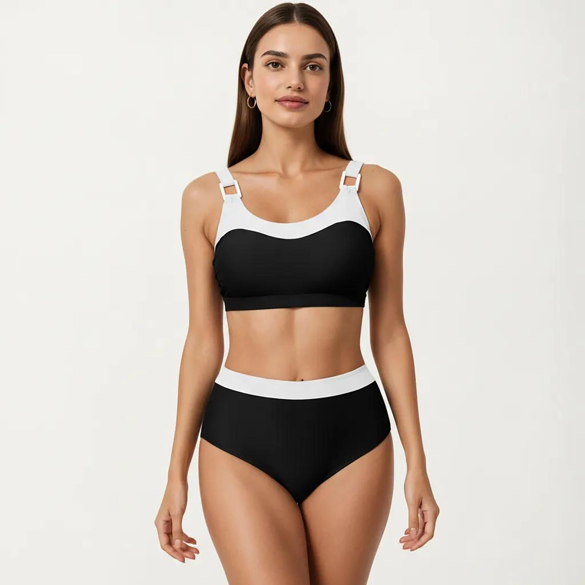 Anna-Kaci Women Color Block 2-Piece Bikini Set - Scoop Neck Top, High-Waist Tummy Control Bottoms