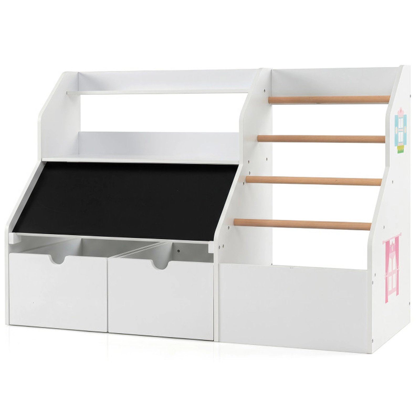 SUGIFT White Wooden Kids Toy Storage Organizer with Flip-Up Blackboard 5 Pine Hanging Rods and 4 Wheels