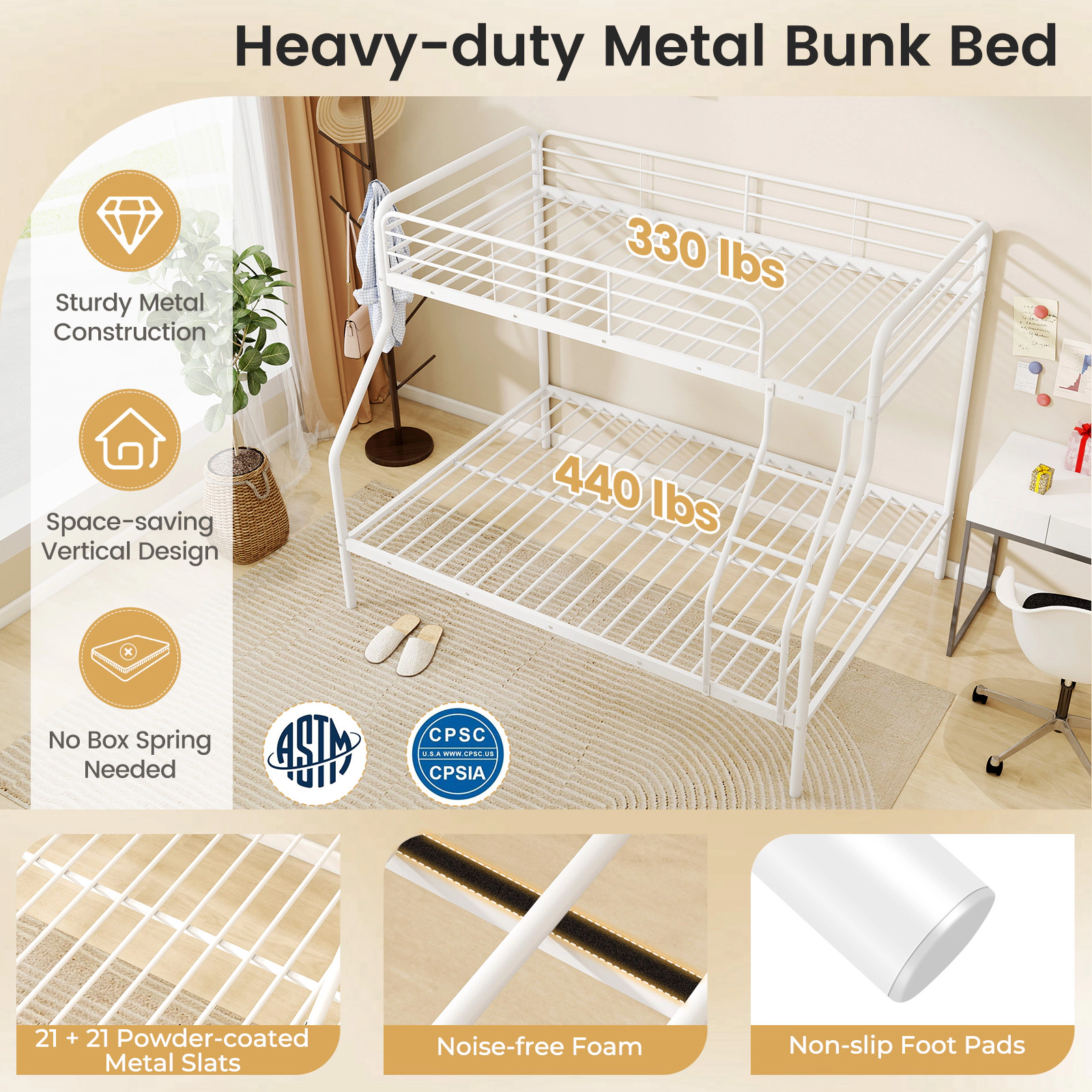 SUGIFT White Ladder and Full-Length Guardrails Twin Over Full Teens Metal Bunk Bed