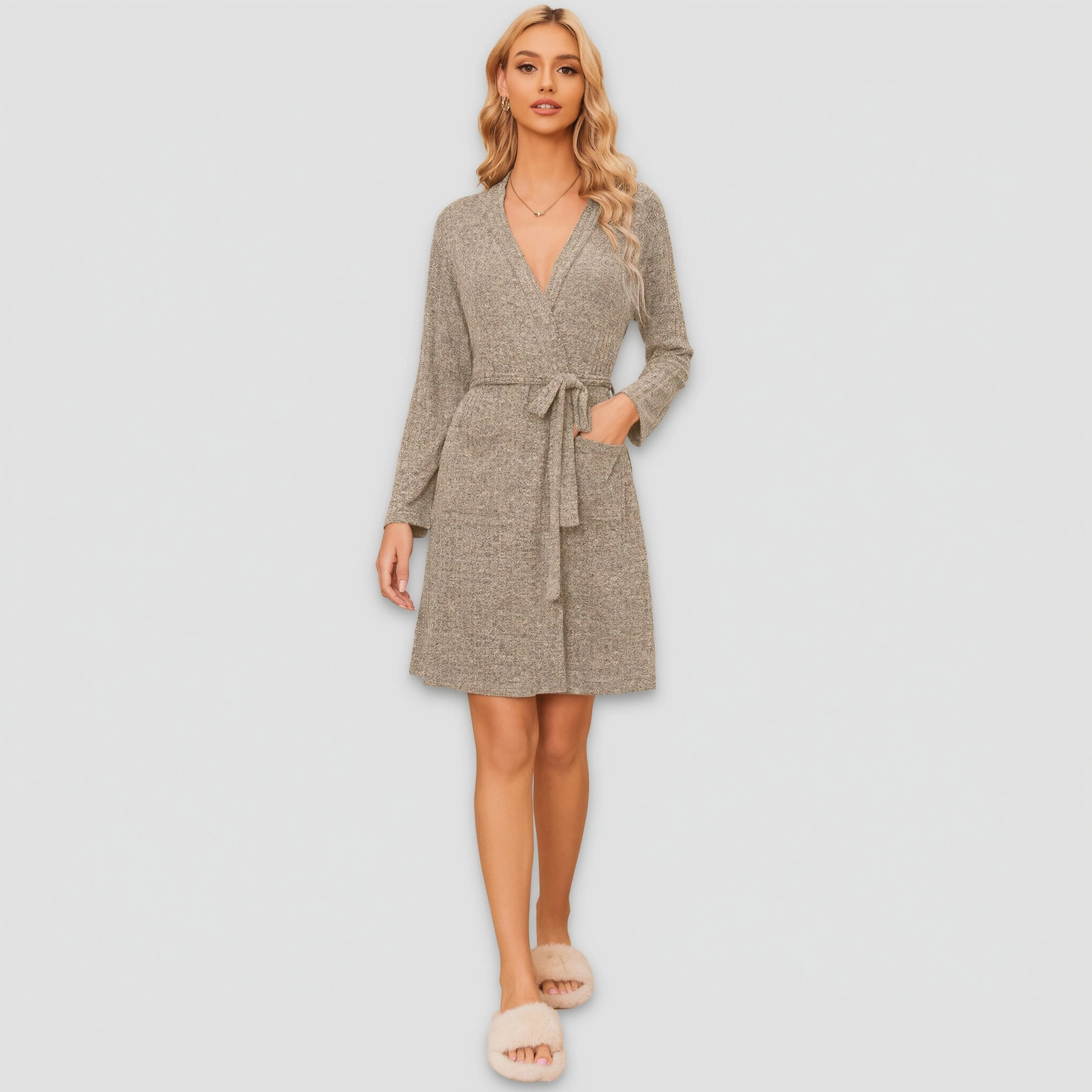 Ekouaer Women Robe Ribbed Knit Soft Bathrobe Knee Length Robes Stretchy Short Sleepwear
