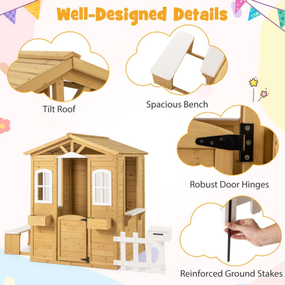 Hivvago Wood Playhouse with Bench and Serving Stations for 2+ Years Old Kids