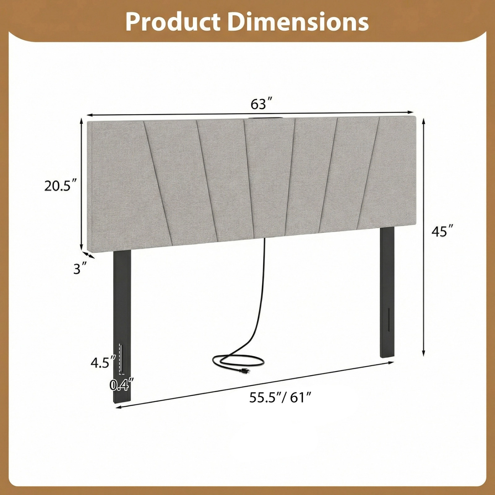 SUGIFT Geometric Upholstered Headboard Gray for Queen and Full Bed with USB Ports