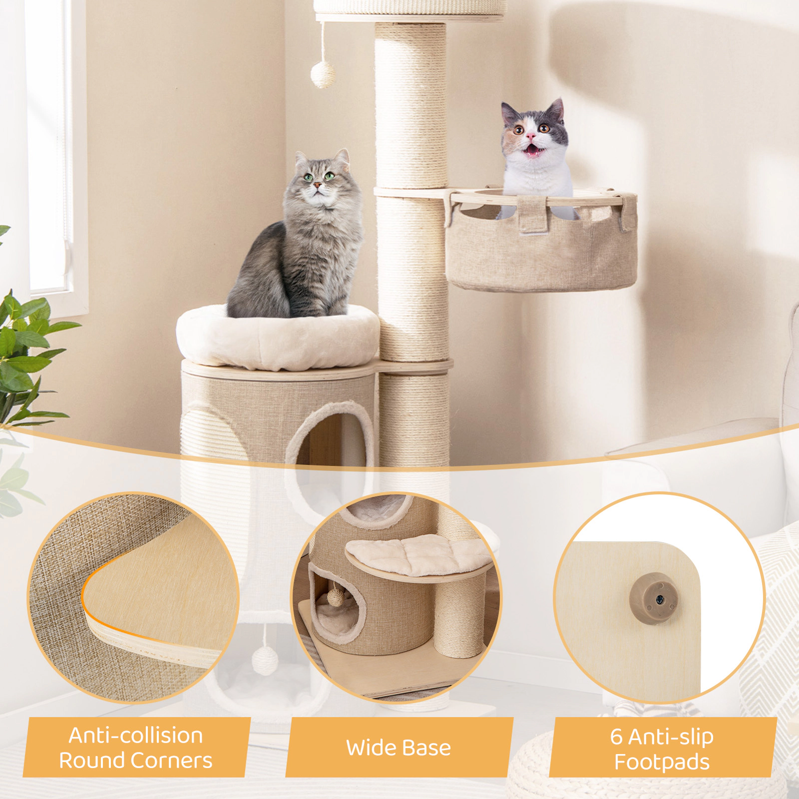 SUGIFT 61-in Natural Cat Tree with 2-Story Condo Faux Linen Hammock Bamboo Mat and Washable Cushions
