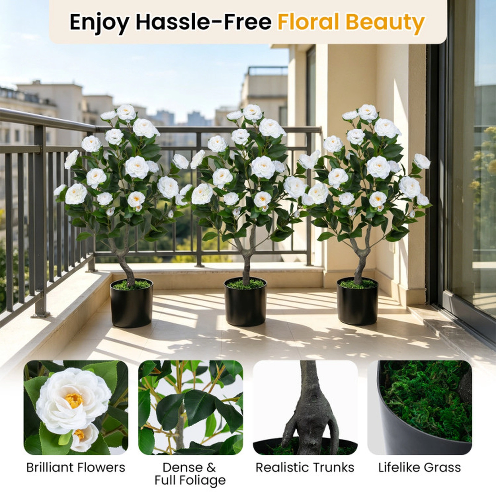 SUGIFT Set of 2 35.5-in White Artificial Camellia Trees with Faux Flowers and Cement-Filled Pots