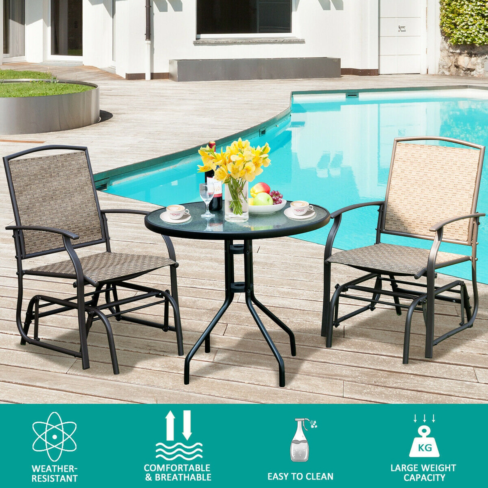 SUGIFT 2-Piece Patio Fabric and Iron Single Glider Rocking Chair Set 330-Lb Capacity Brown Outdoor Rocking Seating