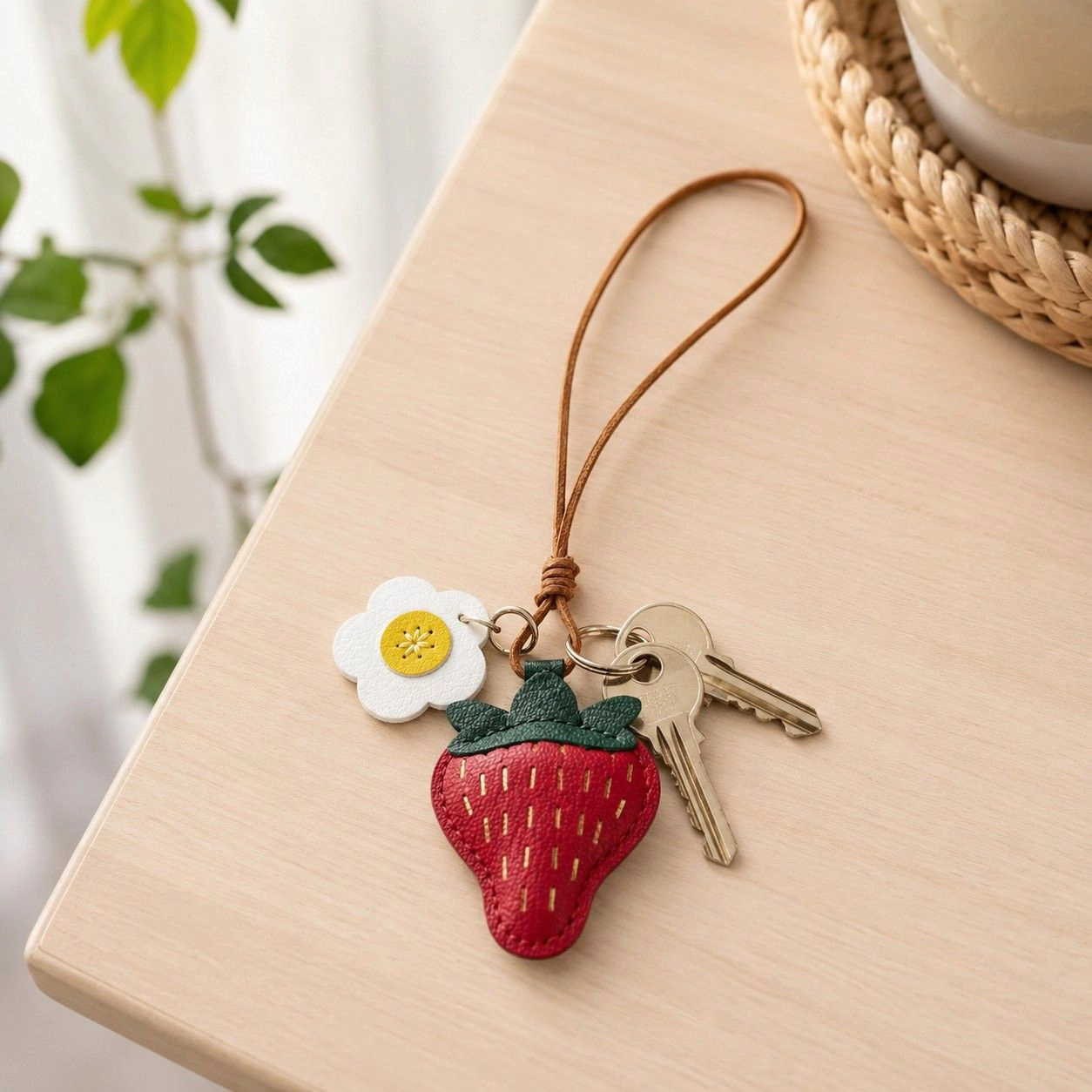 Alilang Women's 2-Pack Stitched Strawberry Bag Charm Keychains with Daisy Accents and Cord Loops