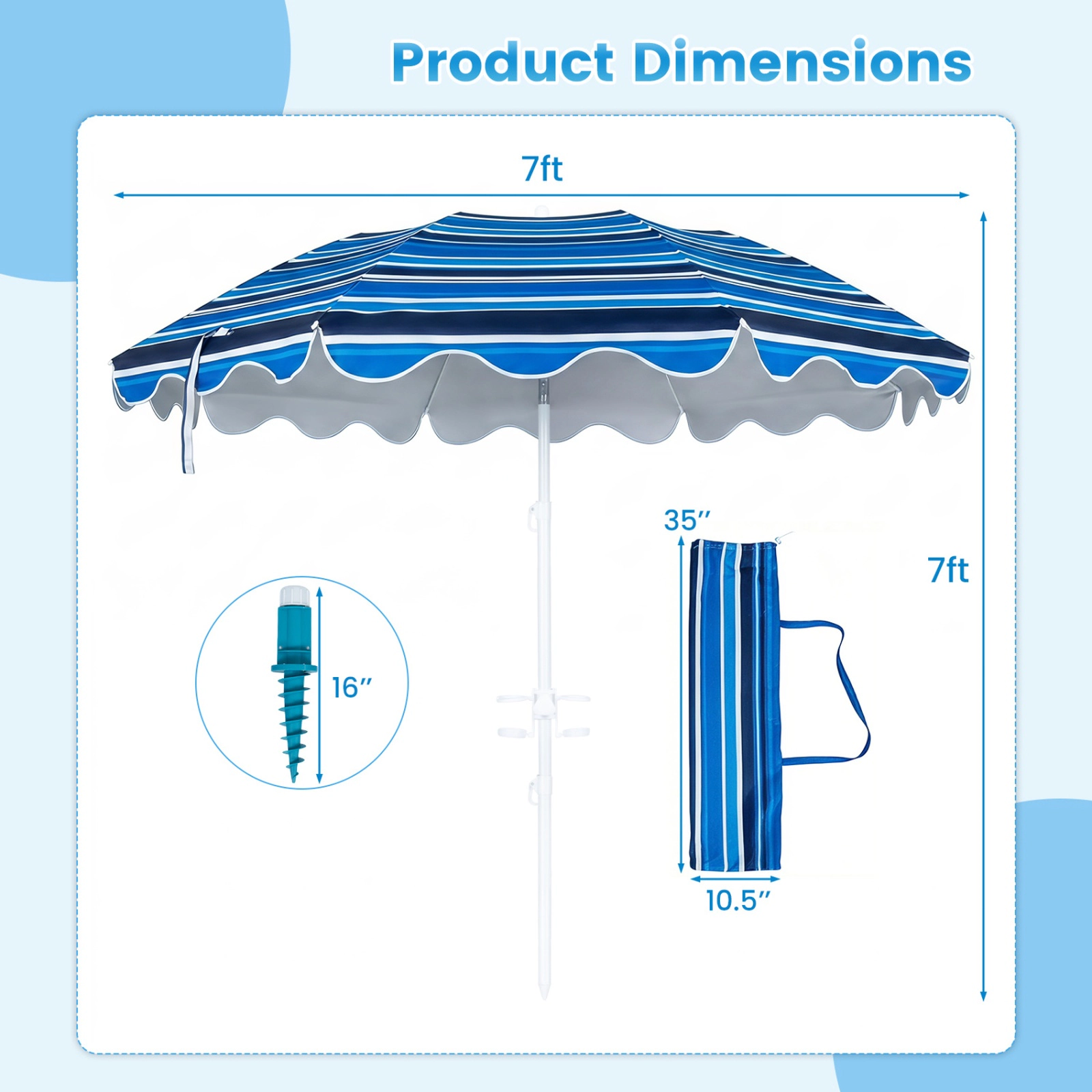 SUGIFT Beach Umbrella Navy UPF 50 Plus with Sand Anchor Cup Holder and Carry Bag