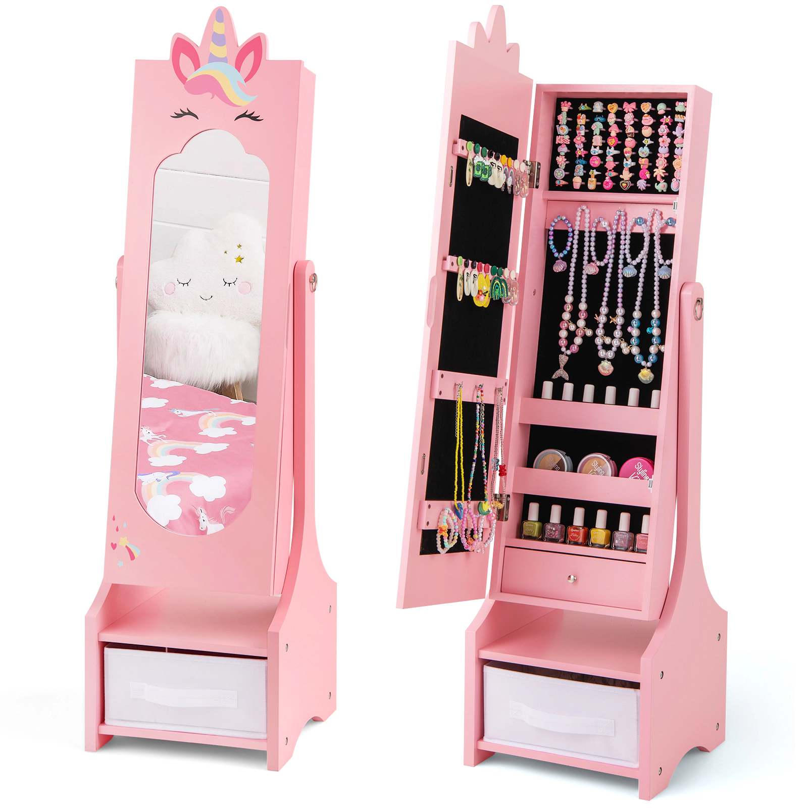SUGIFT Pink Kids Jewelry Armoire Cabinet with Full-Length Mirror and Storage Compartments 45.5-in H