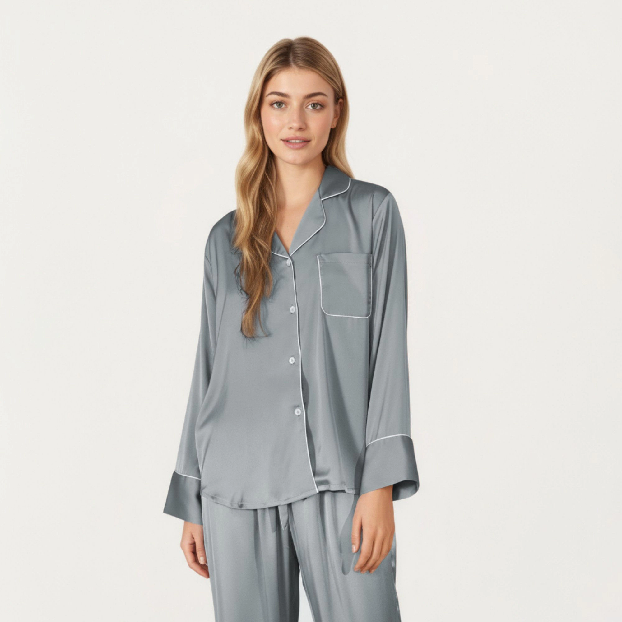 Anna-Kaci Women's 2-Piece Satin Long Sleeve Button Front Pajama Top and Relaxed Fit Pants