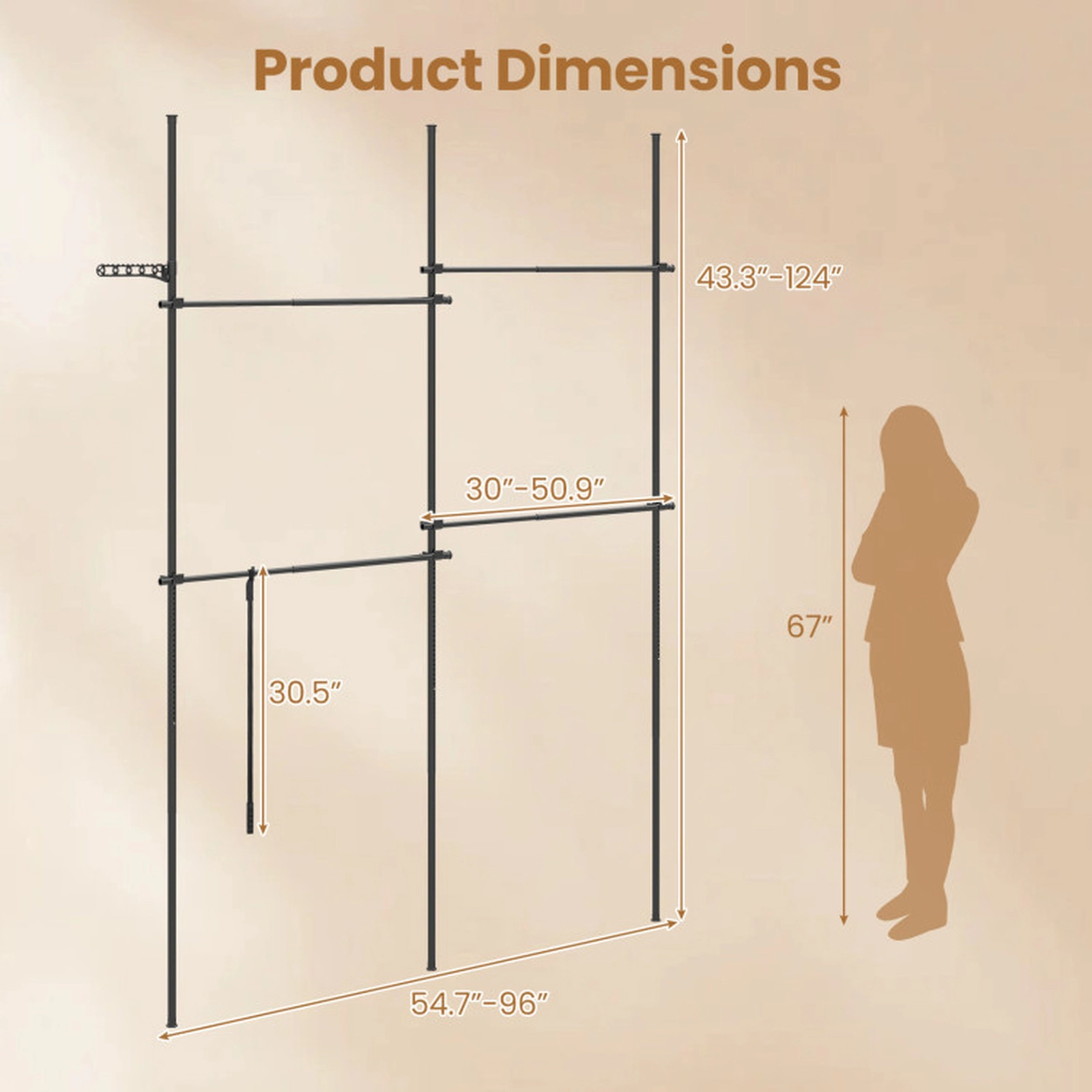 SUGIFT Adjustable Floor To Ceiling Clothes Rack with 4 Hanging Rods 66-lb Bar Capacity Black
