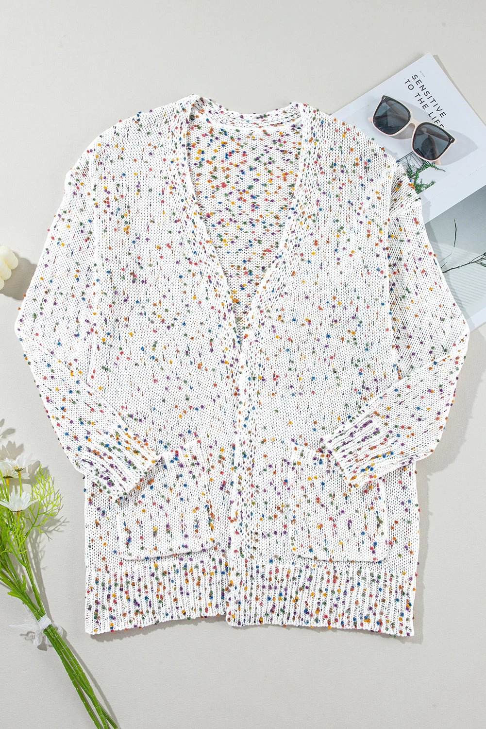 Threaded Pear Women's Ailany Confetti Rib Knit Long Sleeve Cardigan