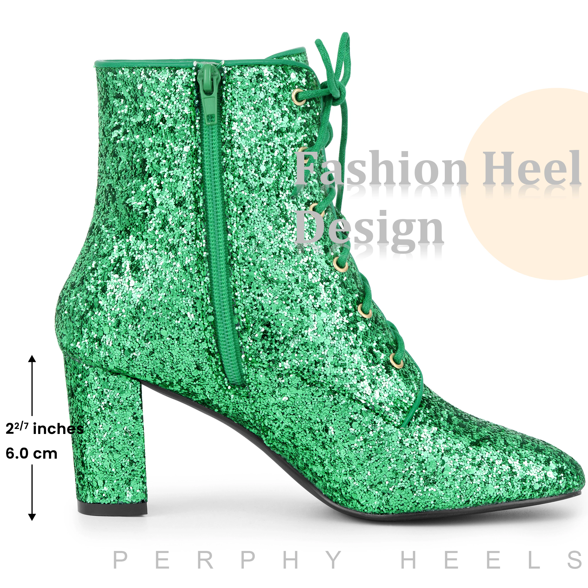 BLISSFUL STEP Women's Lace Up Square Toe Sparkly Glitter Block Heels Ankle Boots