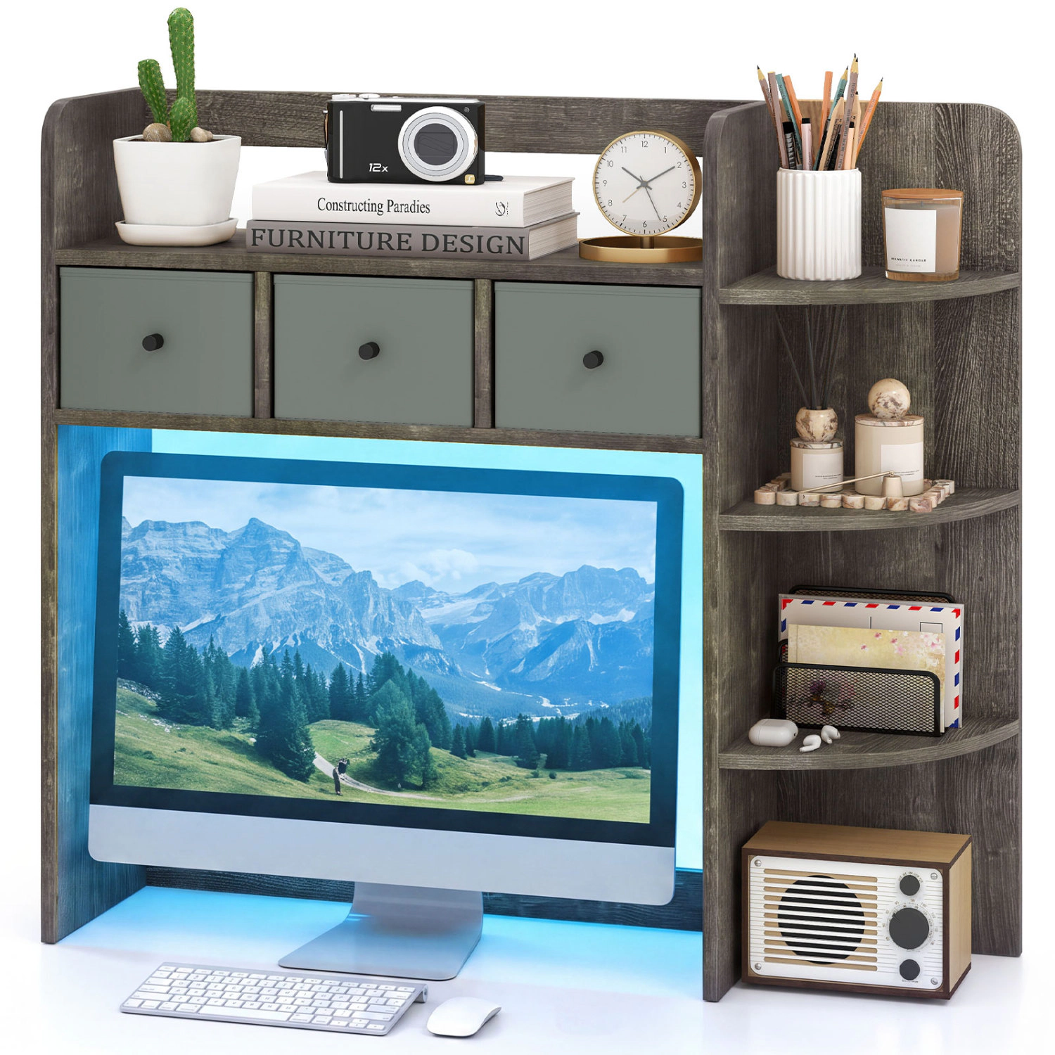 LJG Desktop Bookshelf with LED Lights 5-Tier Shelves and 3 Drawers for Home Officce