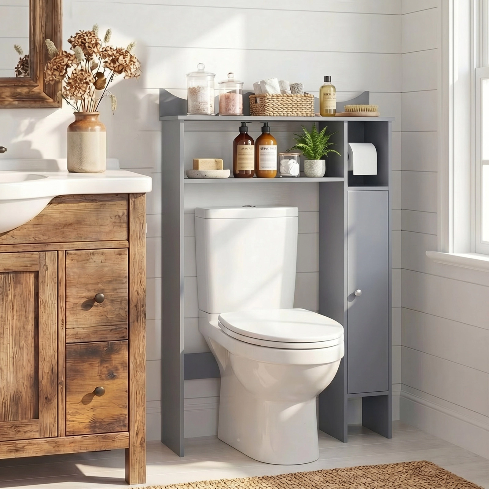 SUGIFT Gray 43.5-in Over the Toilet Storage Cabinet with Built-In Toilet Paper Holder and Removable Shelves