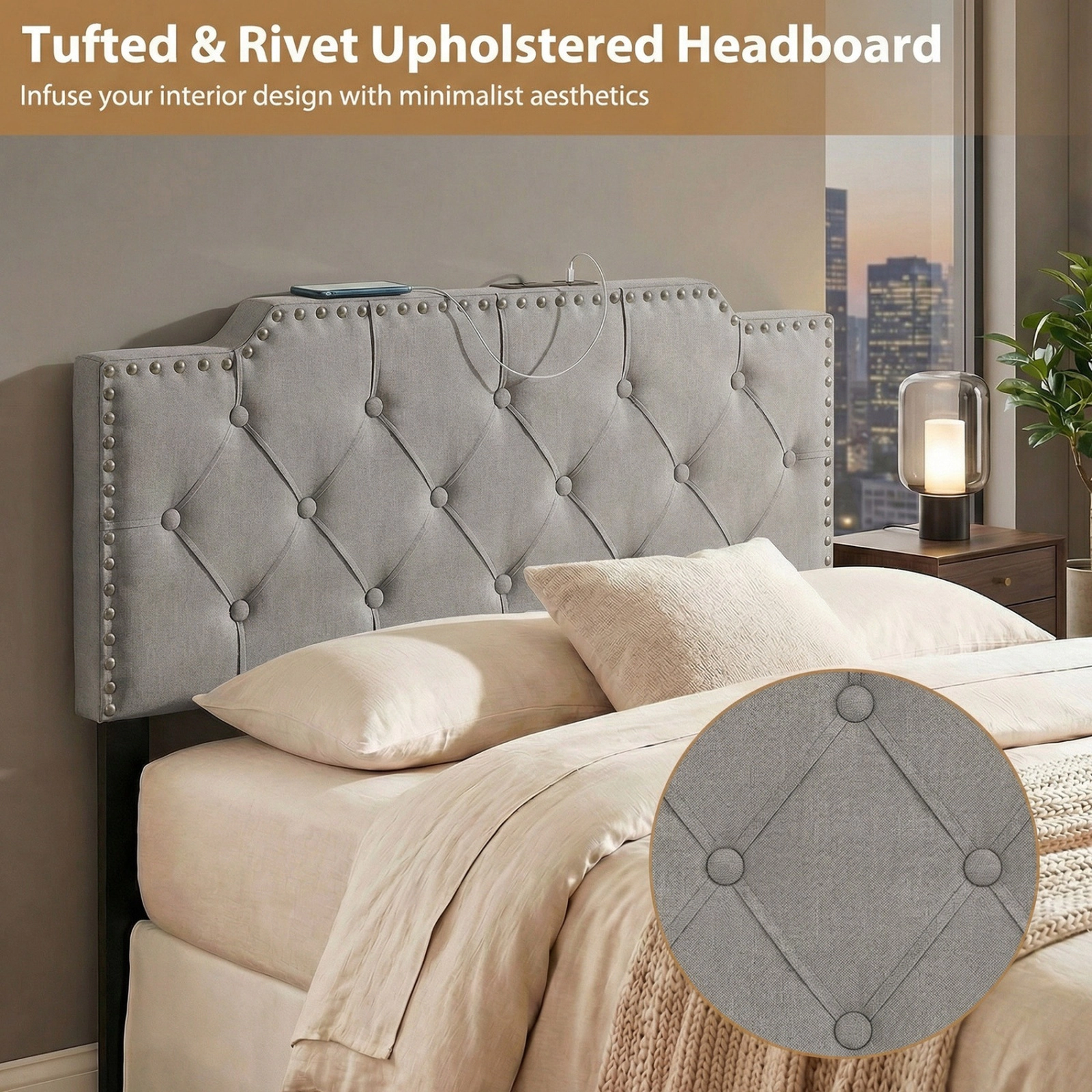 SUGIFT Gray Rivet-Tufted Headboard with Charging Station, Full/Queen