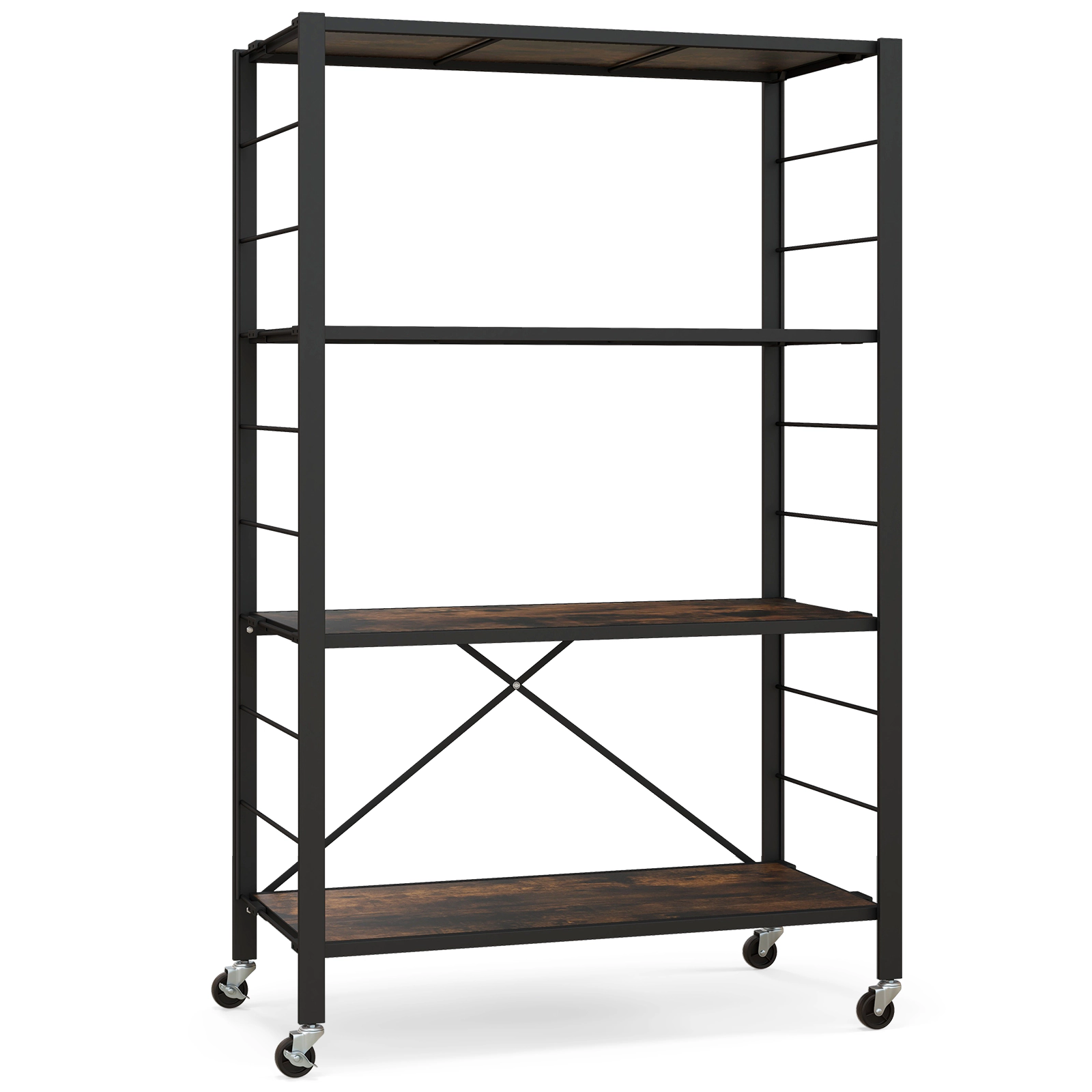 SUGIFT 4-Tier Foldable Storage Shelf with Wheels 180-lb Capacity Black + Rustic Brown