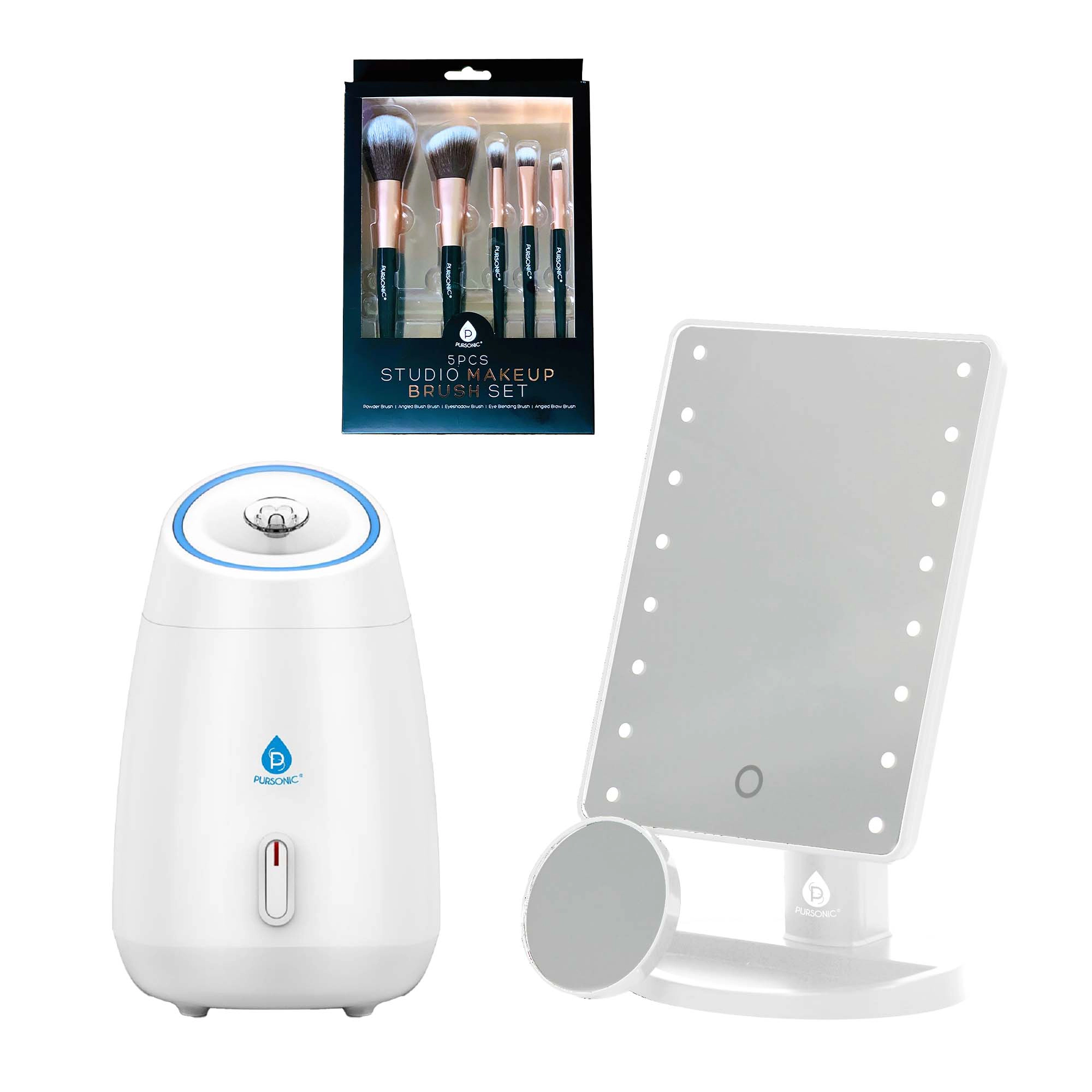 Pursonic Women's Beauty Care Bundle with LED Vanity Mirror, Facial Steamer & 5-Piece Studio Makeup Brush Set