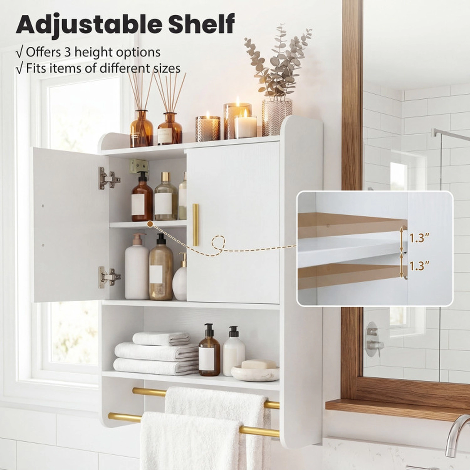 SUGIFT Wall Mounted Bathroom Medicine Cabinet with Adjustable Shelf and Towel Bars 44-lb Top Board Capacity Gray/White