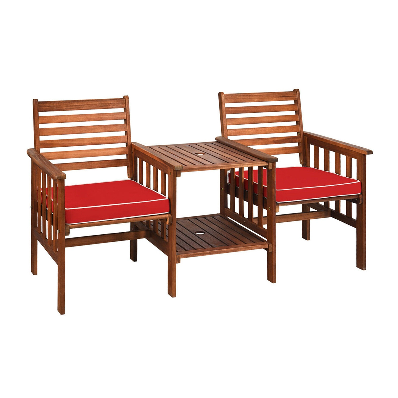 SUGIFT Natural Acacia Wood Patio Loveseat with Center Table and Umbrella Hole