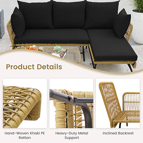 Hivvago 3 Pieces L-Shaped Patio Sofa With Cushions And Tempered Glass Table