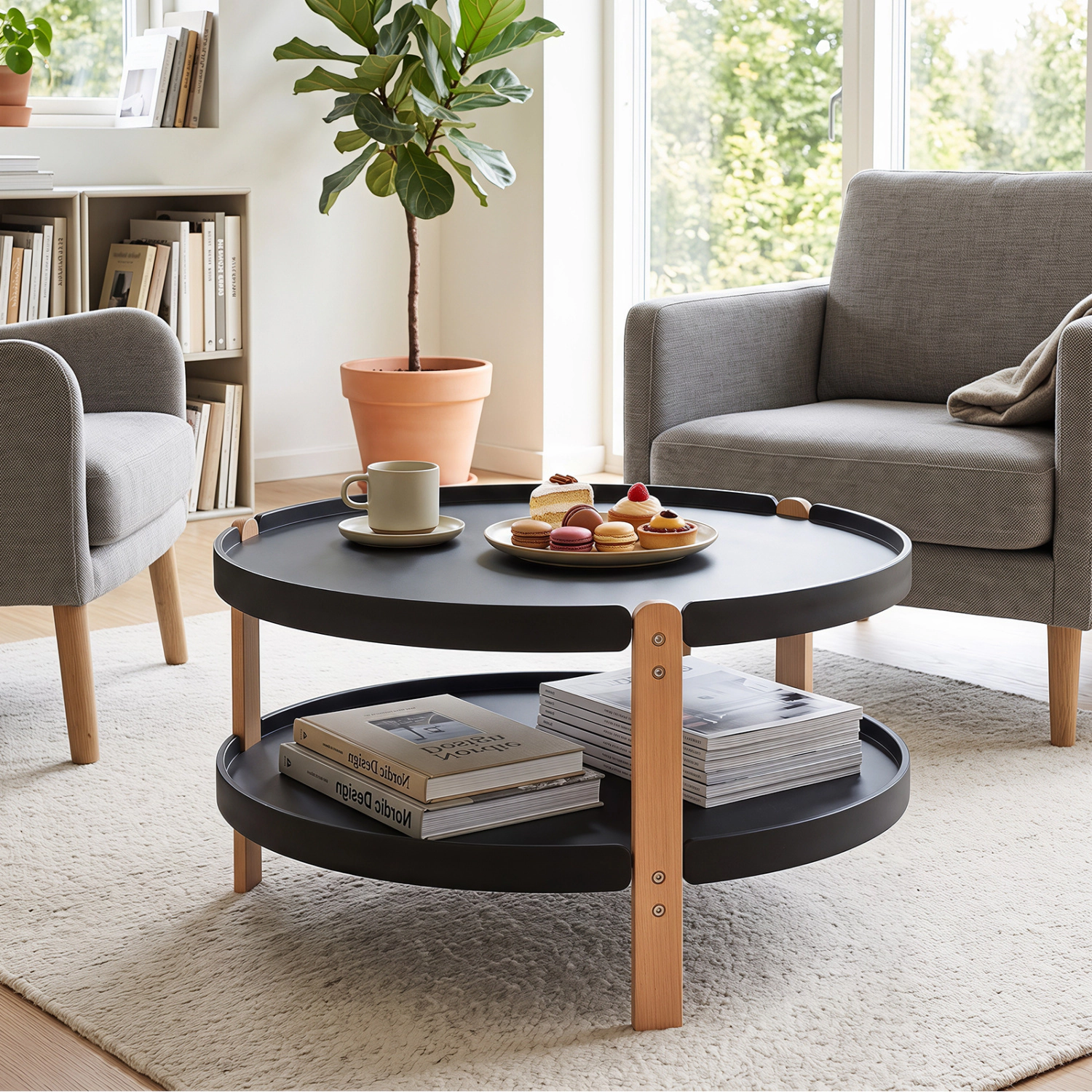 LJG 2-Tier Round Coffee Table with Open Storage Shelf and Solid Beech Wood Legs for Living Room
