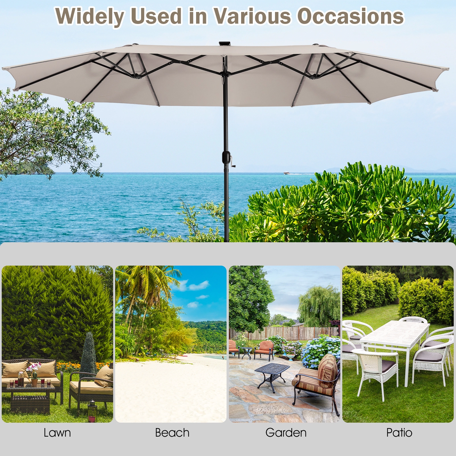 SUGIFT Double-Sided 15-Ft Twin Patio Umbrella with 48 Solar LED Lights Hand-Crank Steel Pole 15.4 x 9.2 x 8 in Beige