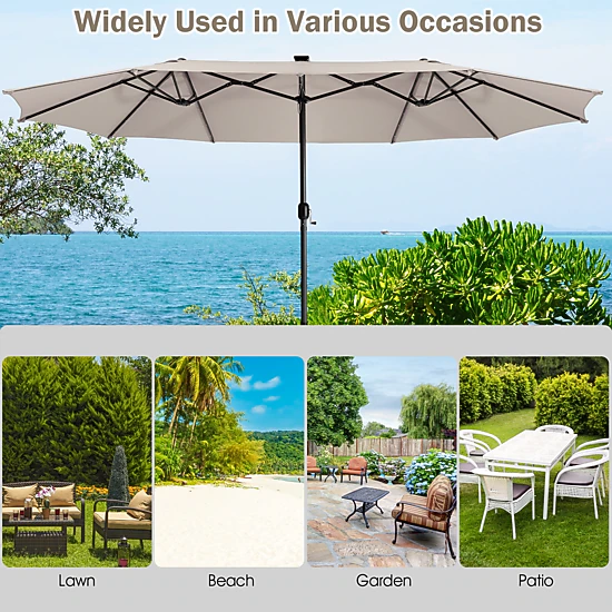 SUGIFT Double-Sided 15-Ft Twin Patio Umbrella with 48 Solar LED Lights Hand-Crank Steel Pole 15.4 x 9.2 x 8 in Beige