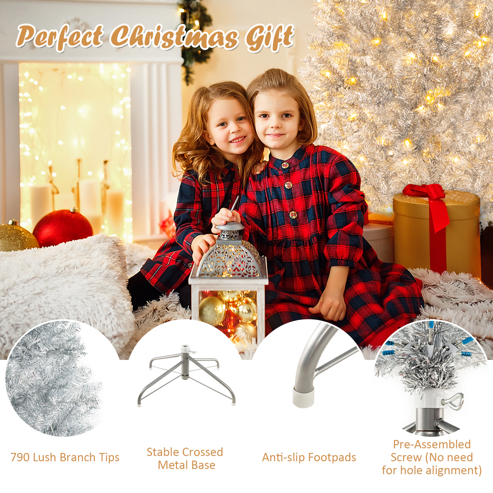 SlickBlue Pre-Lit Silver Christmas Tree with Hinged Branches and Metal Stand