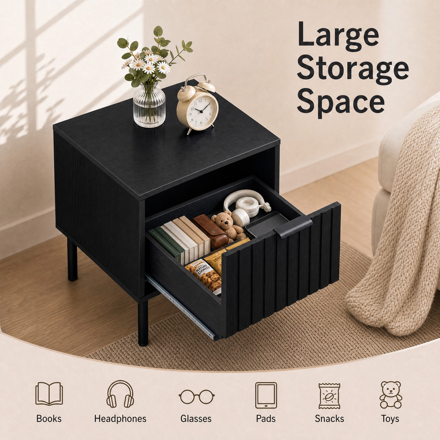 LJG Black Modern Nightstand with Vertical-Striped Storage Drawer