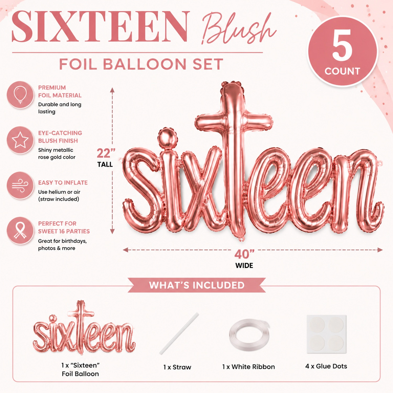 LoonBalloon Sixteen Blush Foil Balloons 5-Count, Standard 18 in
