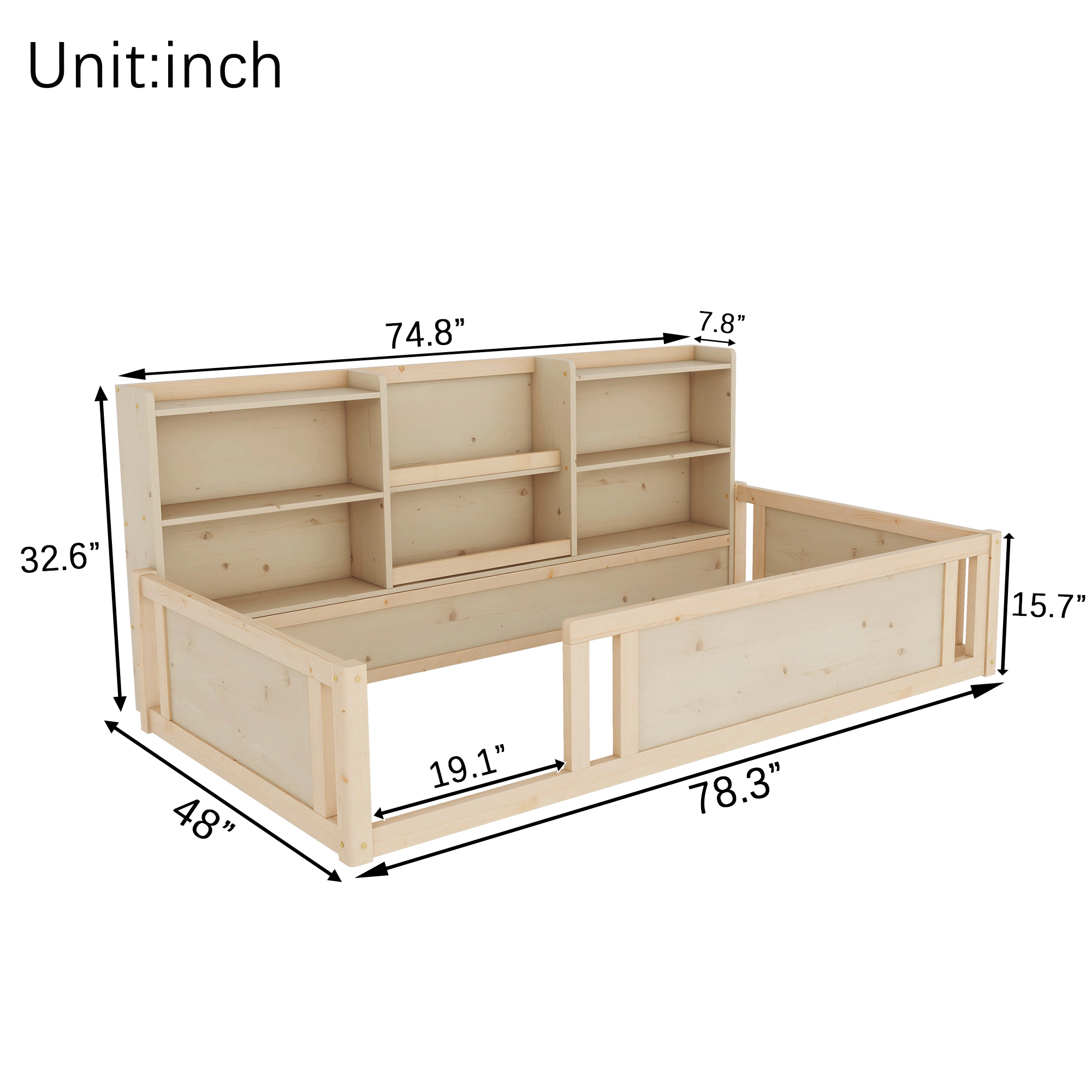 Flynama Twin Wooden Floor Bed, Guardrail Fence & Side Storage Shelves, Natural