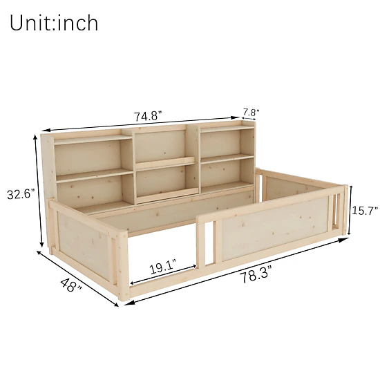 Flynama Twin Wooden Floor Bed, Guardrail Fence & Side Storage Shelves, Natural