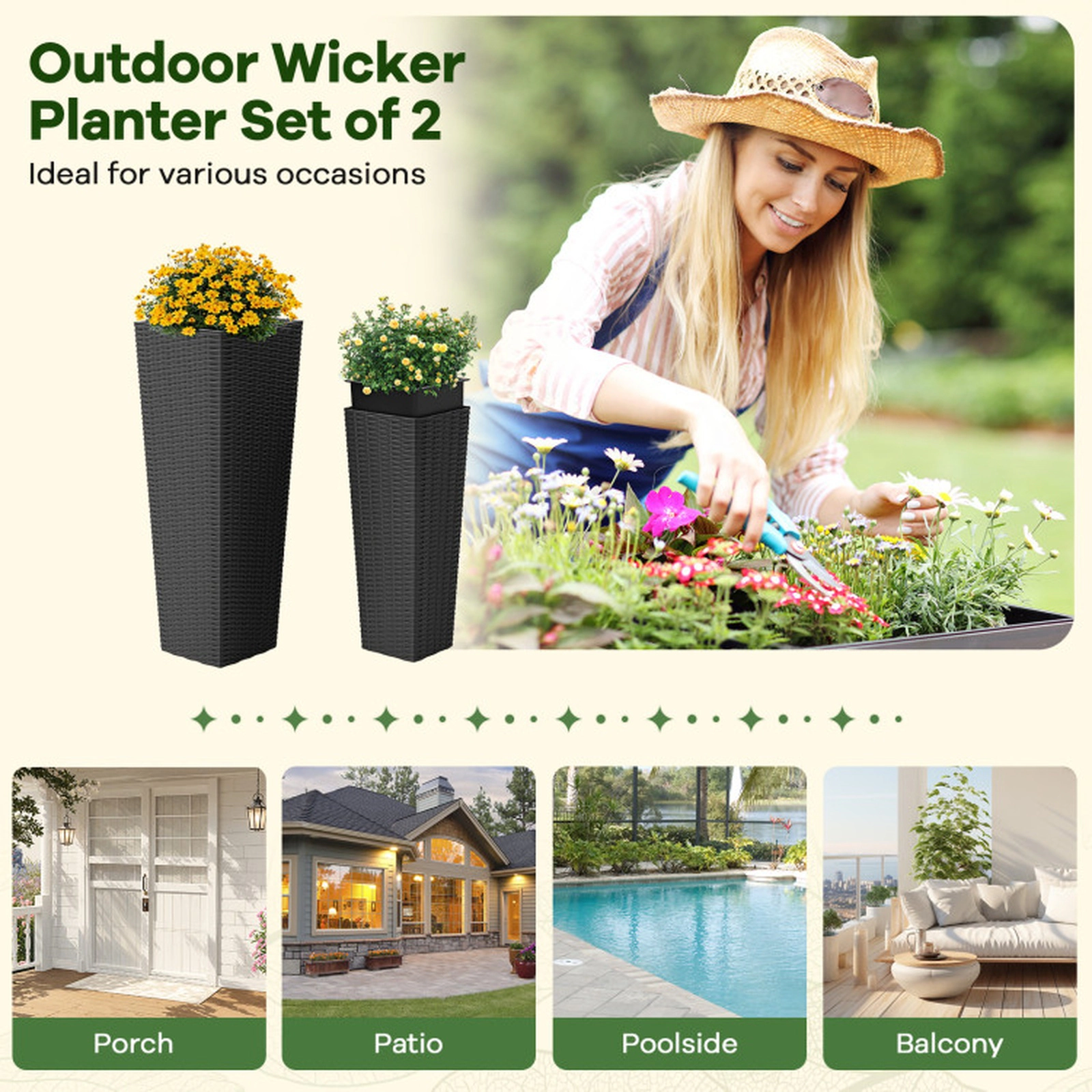 SUGIFT Set of 2 Tall Black Rattan Tapered Outdoor Planters with Removable Inner Trays 12-in W 32-in H