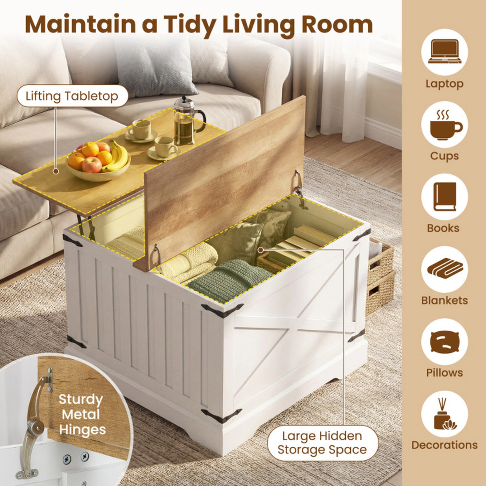 SUGIFT Farmhouse Lift Top Coffee Table with Hidden Storage Compartment 31.5-in Square Brown
