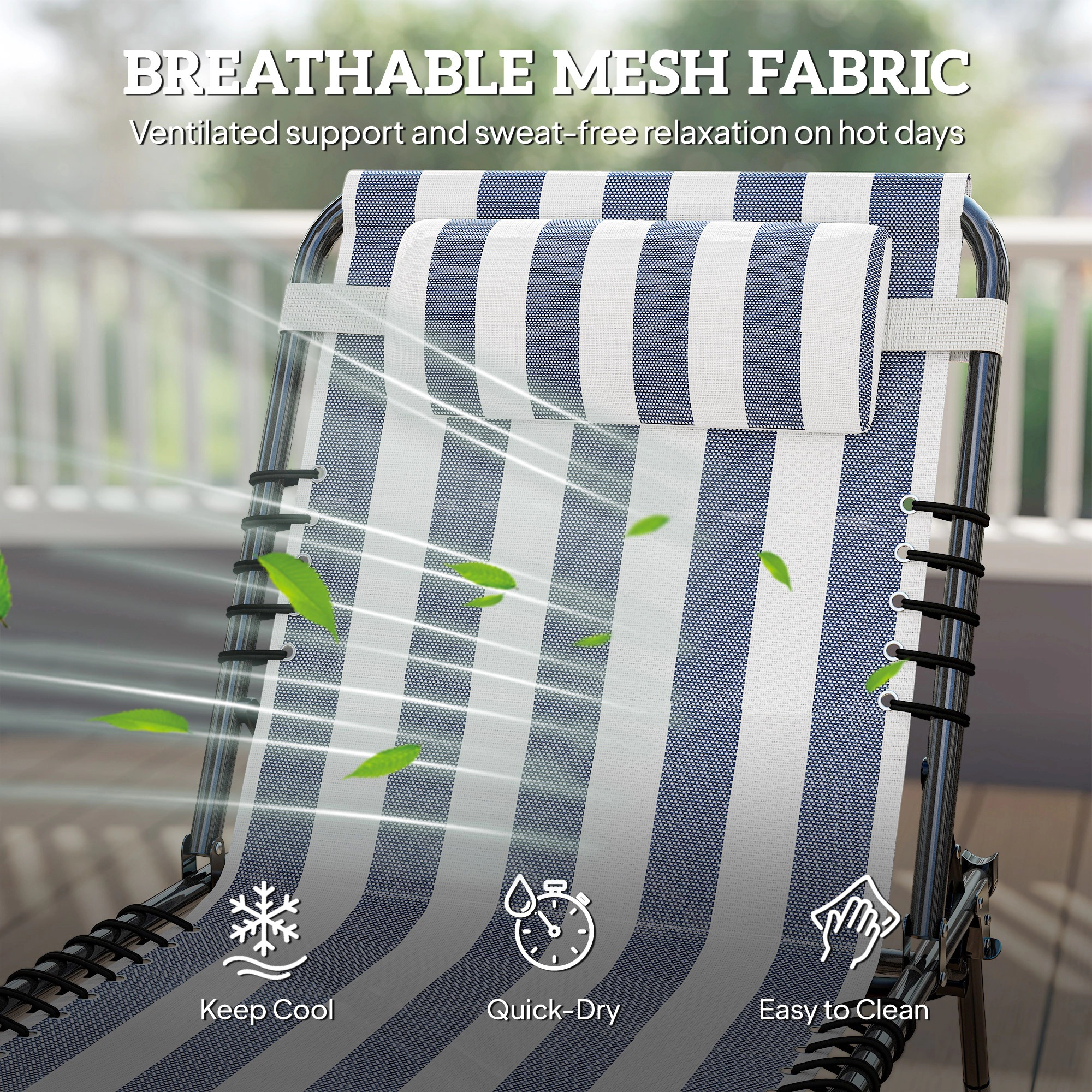 HONGGE 2 Folding Chaise Lounge Pool Chairs with 4-Position Reclining Back, Pillow, Breathable Mesh & Bungee Seat