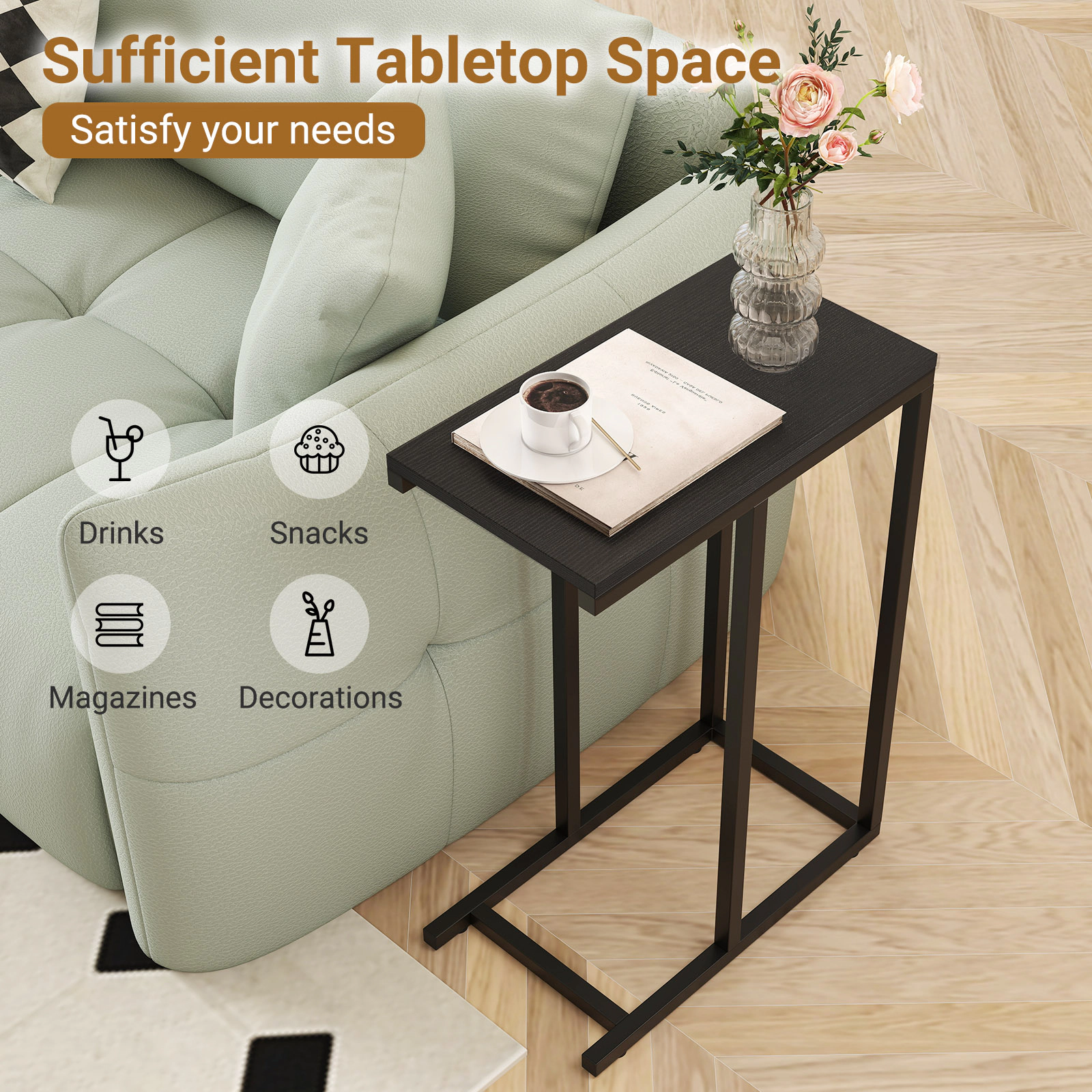 Slickblue Narrow C End Table with Wood Grain Top for Living Room Bedroom