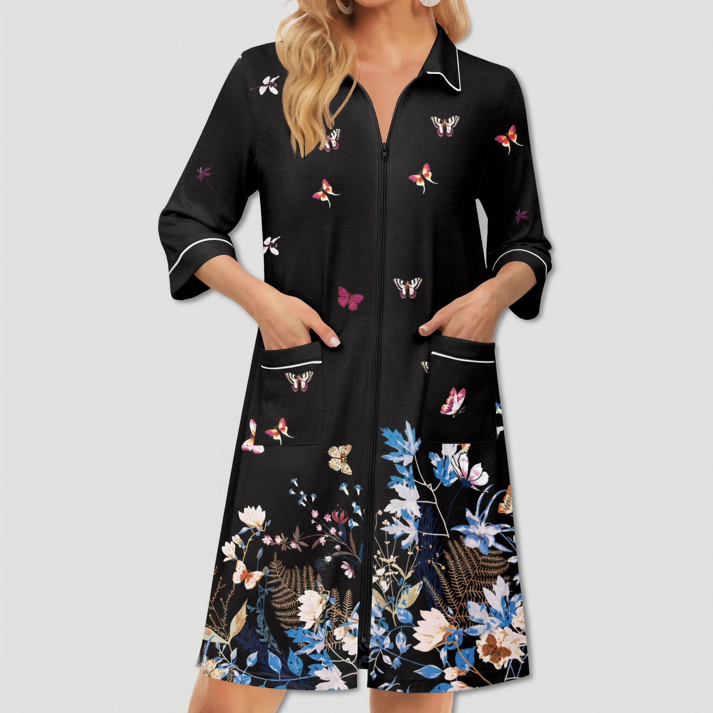Ekouaer Zipper Robes for Women Three Quarter Sleeve Housecoats Knee Length Bathrobe Nightgown
