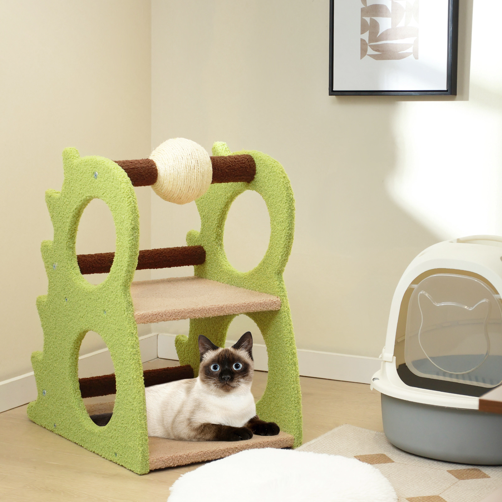 SUGIFT 2-Tier Modern Cat Tree for Indoor Cats with Rotatable Sisal Scratching Ball 22-lb Capacity Green+Beige