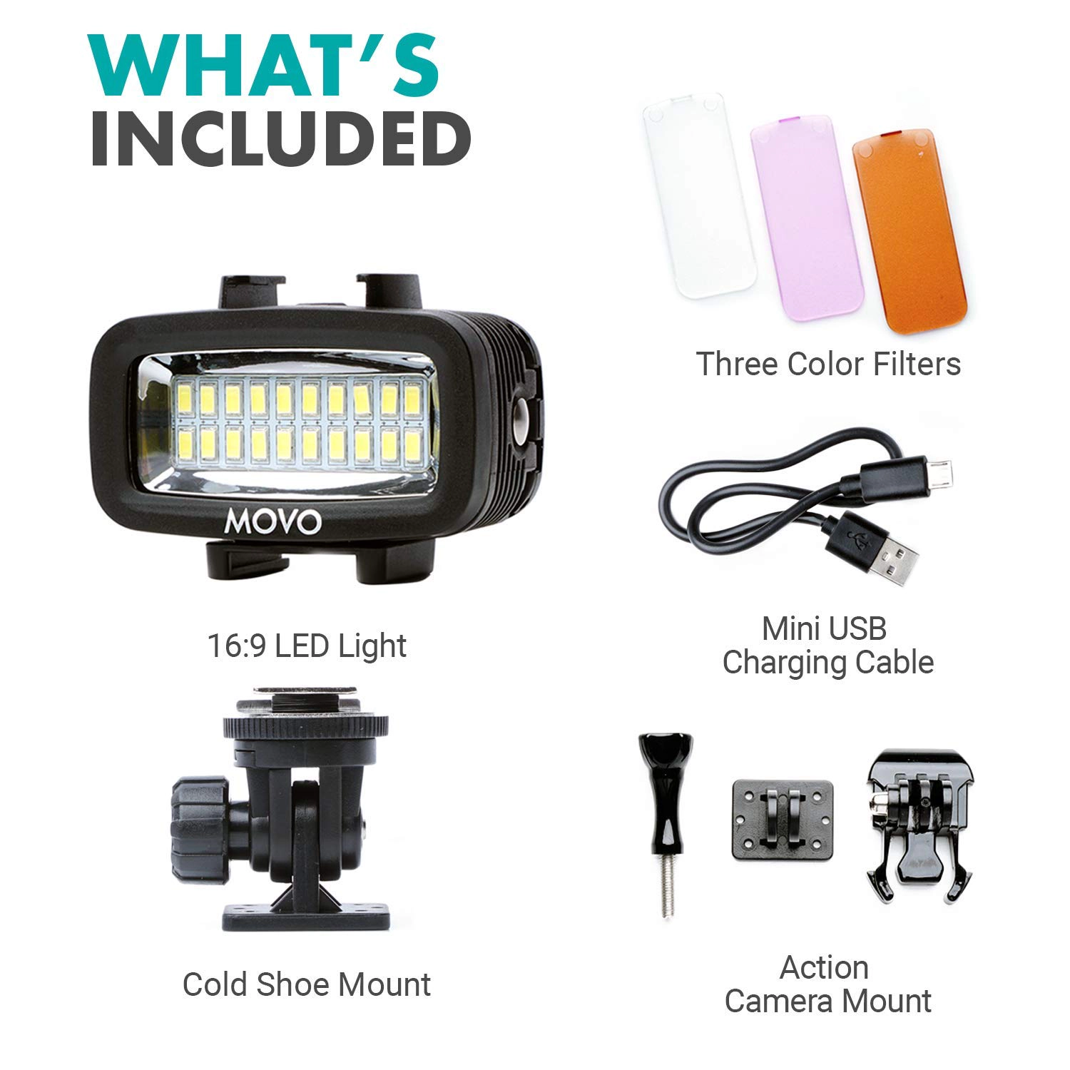 Movo LED-WP Underwater High-Power Rechargeable LED Video Light with Action Camera and Shoe Mounts, Compatible