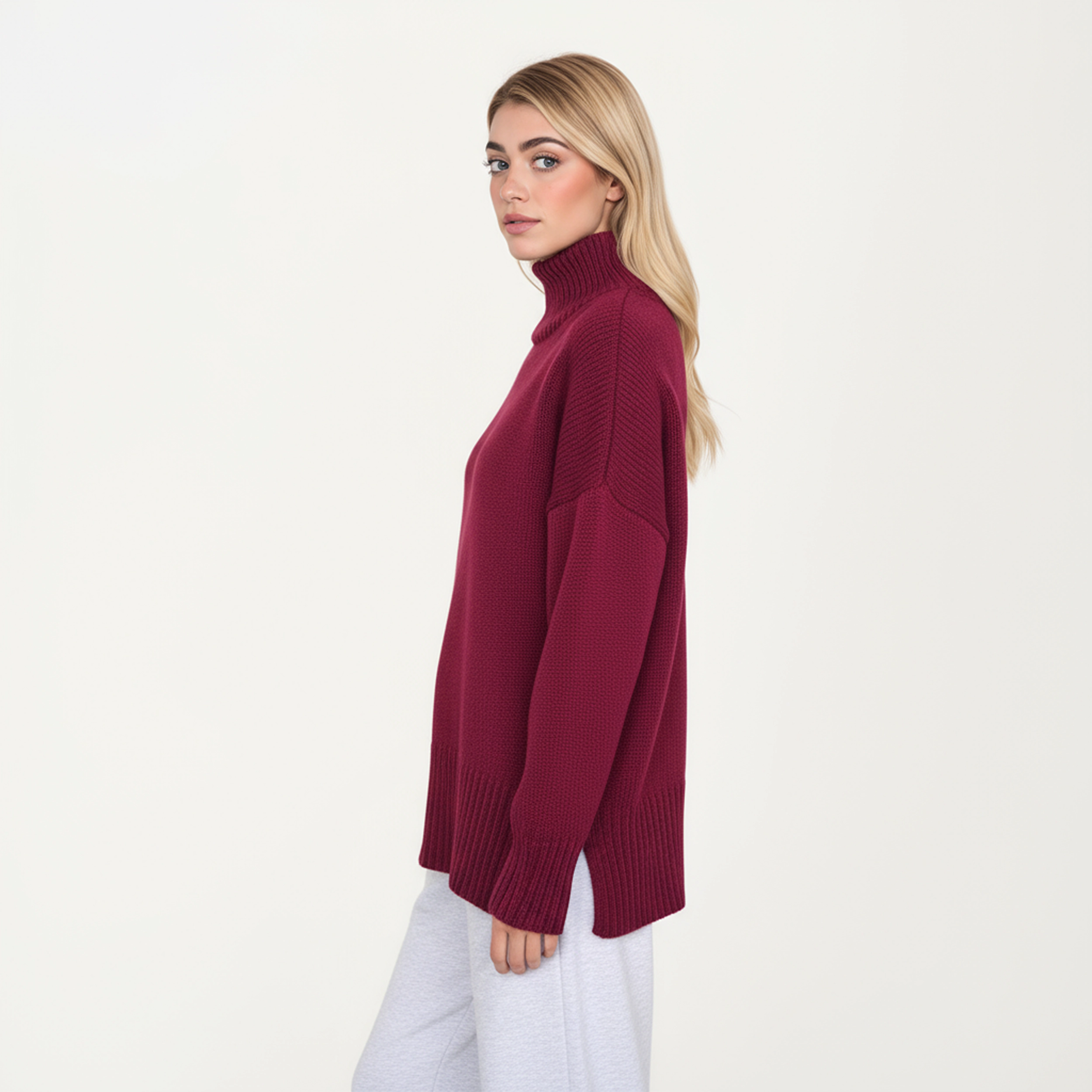 Anna-Kaci Women's Oversized Turtleneck Ribbed Hem Long Sleeve Knit Sweater
