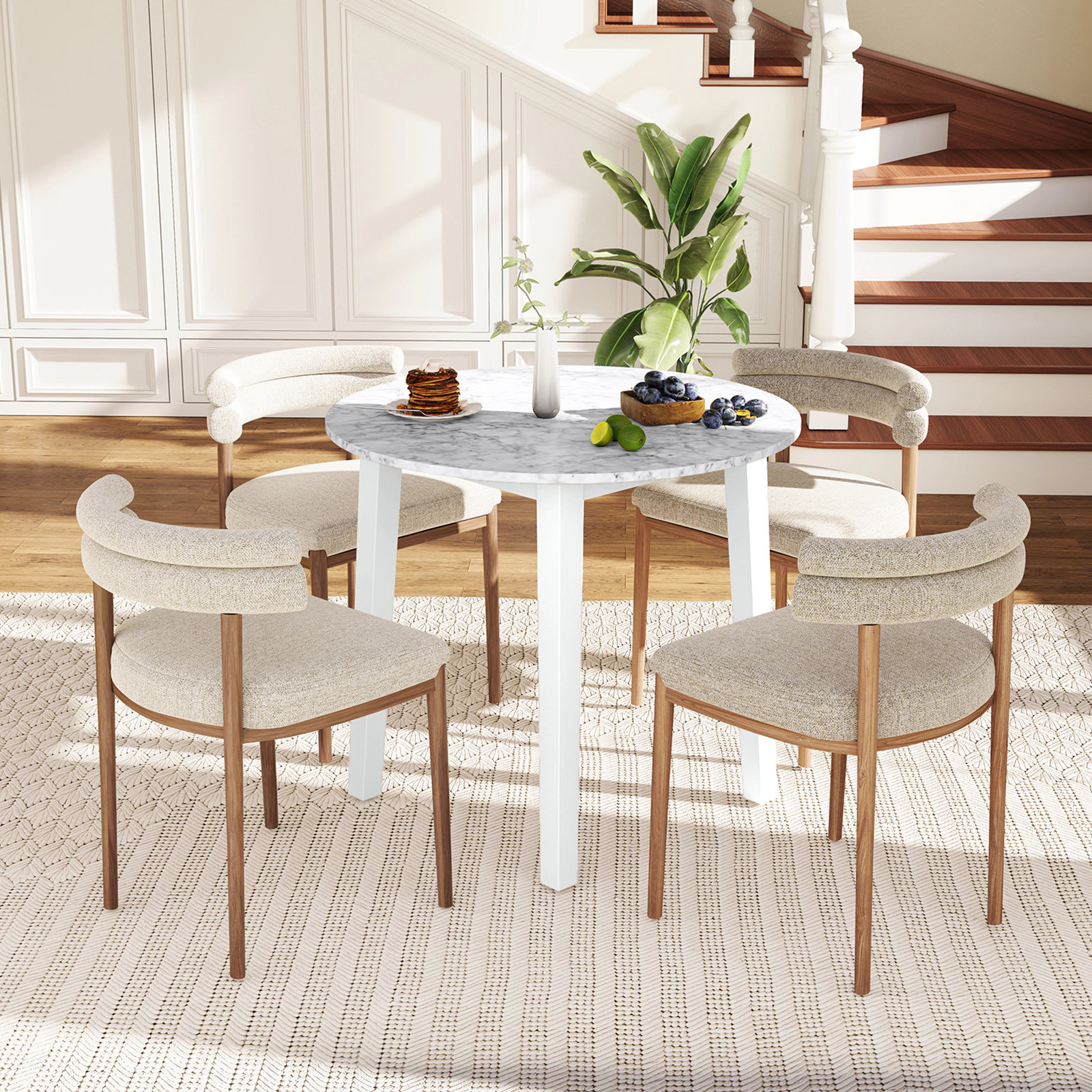 LJG 35 Inch Round Dining Table with Rubber Wood Legs and Marble-Textured Veneer Tabletop