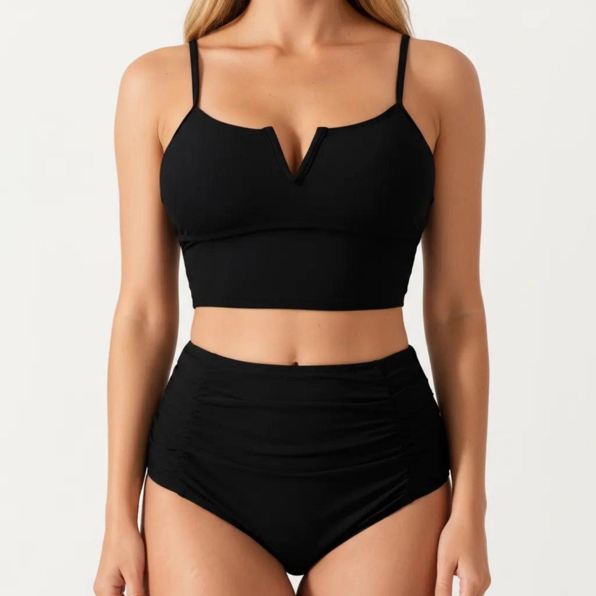 Anna-Kaci Women V-Notch Crop Top and High-Waist Bottom Swim Set
