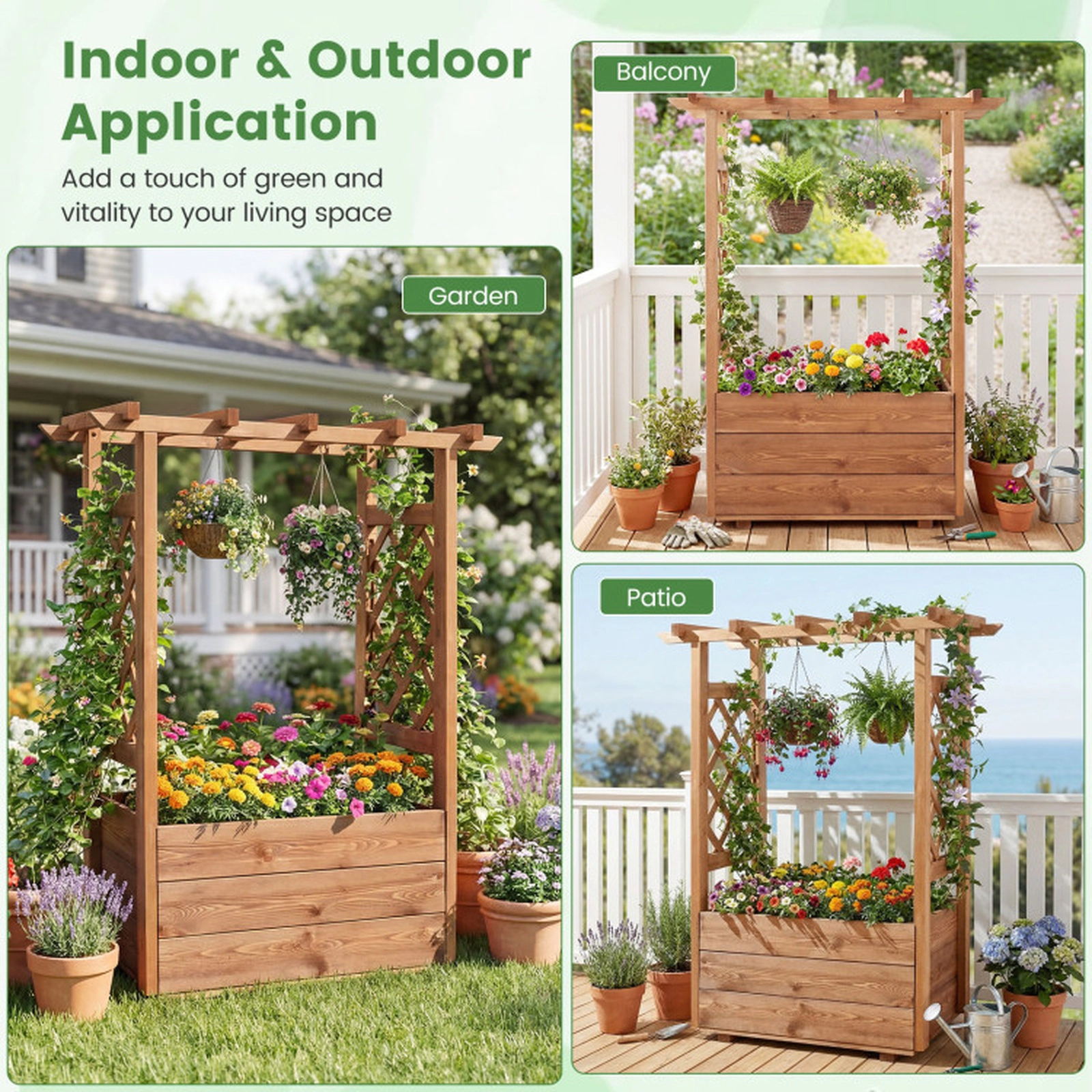 SUGIFT 41-in Tall Pine Wood Raised Garden Bed Elevated Planter Box with 2 Side Trellises and Hanging Roof