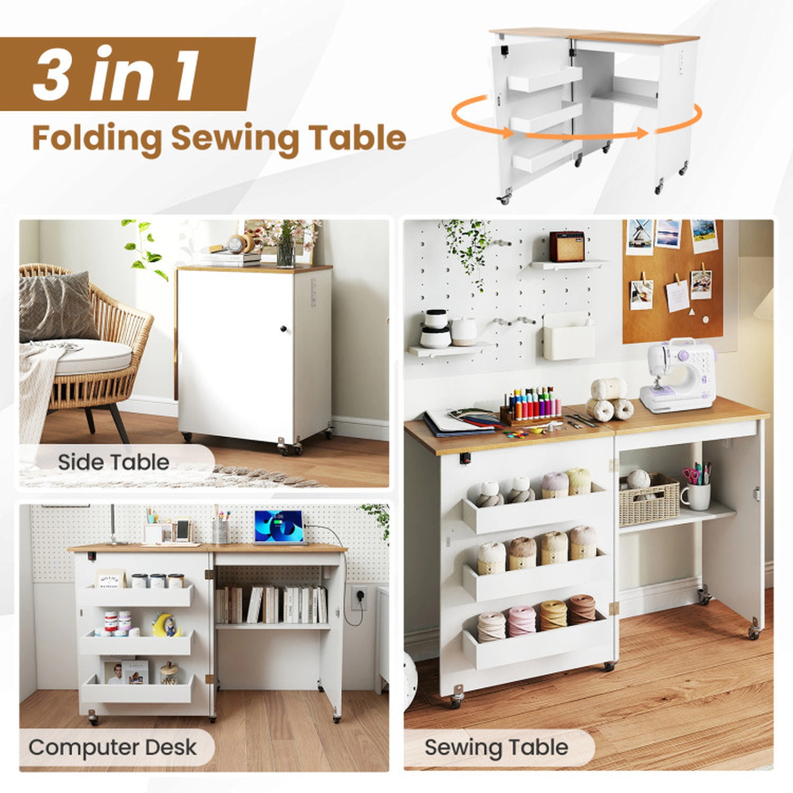 SUGIFT Folding Power Strip 5 Casters Sewing Table Desk 45.5-in x 16-in x 31-in 45-lb Capacity Natural White