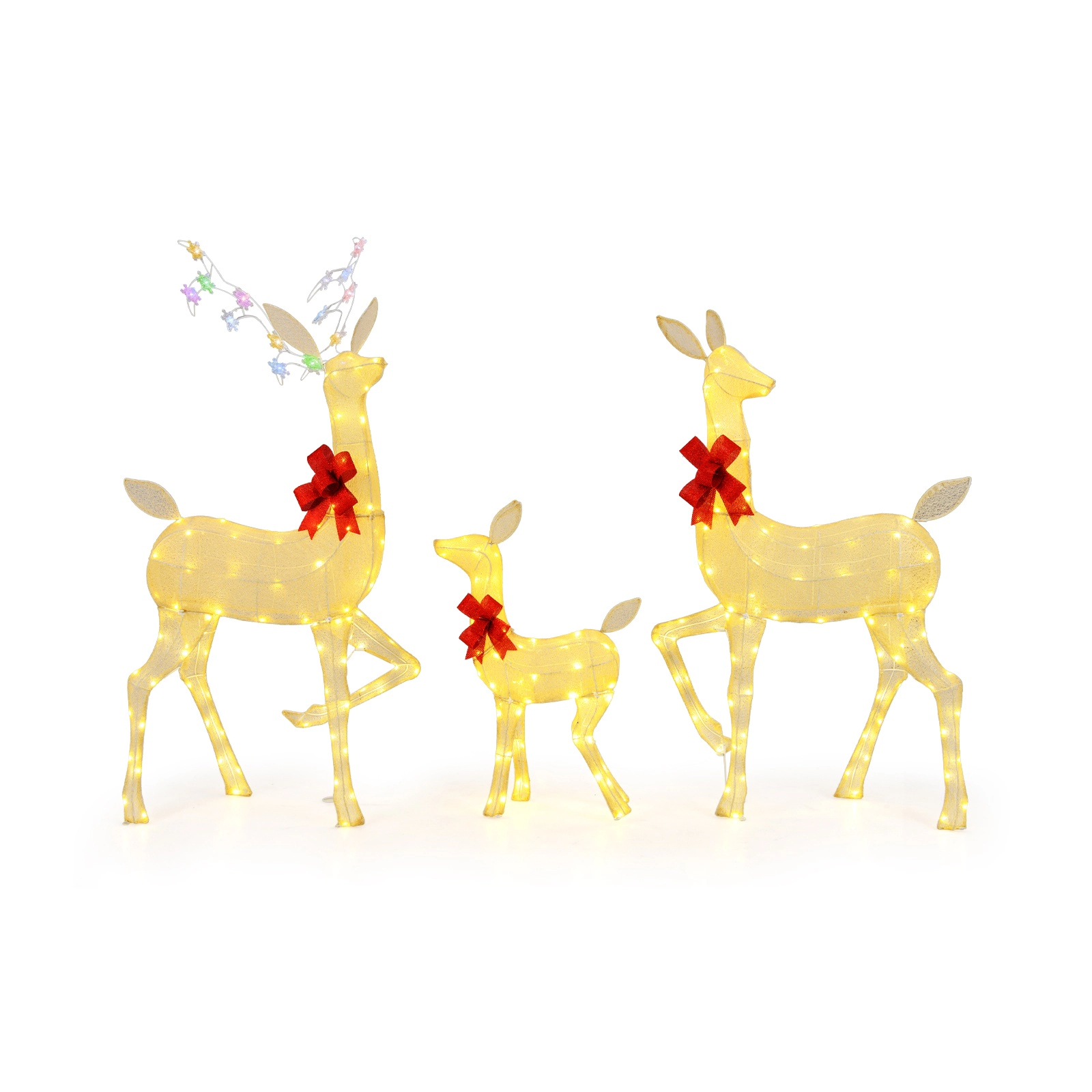 SUGIFT 3-Piece Brown Lighted Christmas Deer Family with 221 LED Lights 4.3-ft H Stag 3.7-ft H Doe 2.3-ft H Fawn