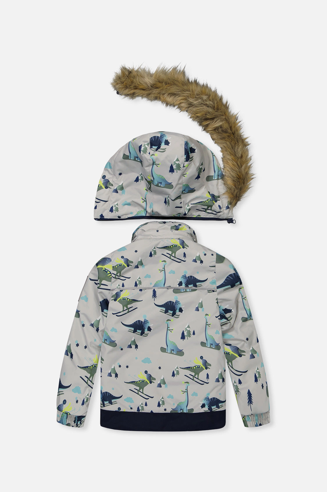 Deux par Boys Skiing Dinosaur Print Two Piece Discover Snowsuit with Hooded Jacket and Snow Pants